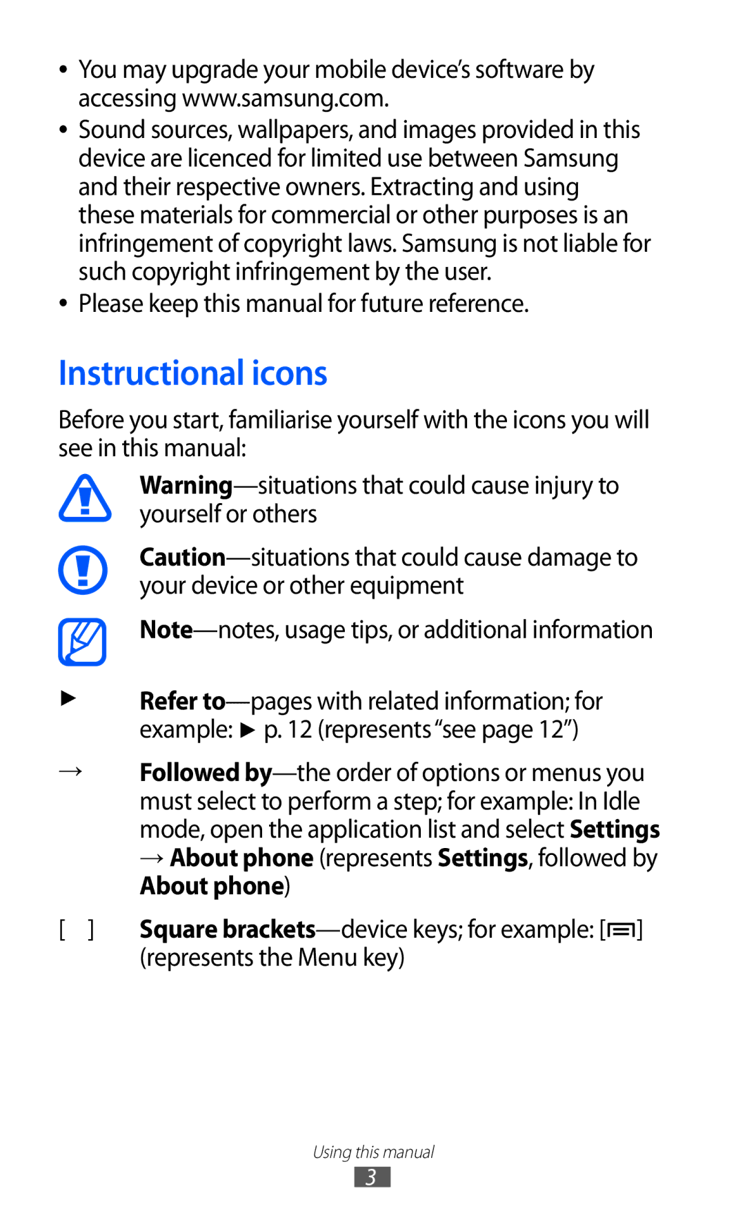 Samsung GT-I9100LKEKSA Instructional icons, Please keep this manual for future reference, Represents the Menu key 