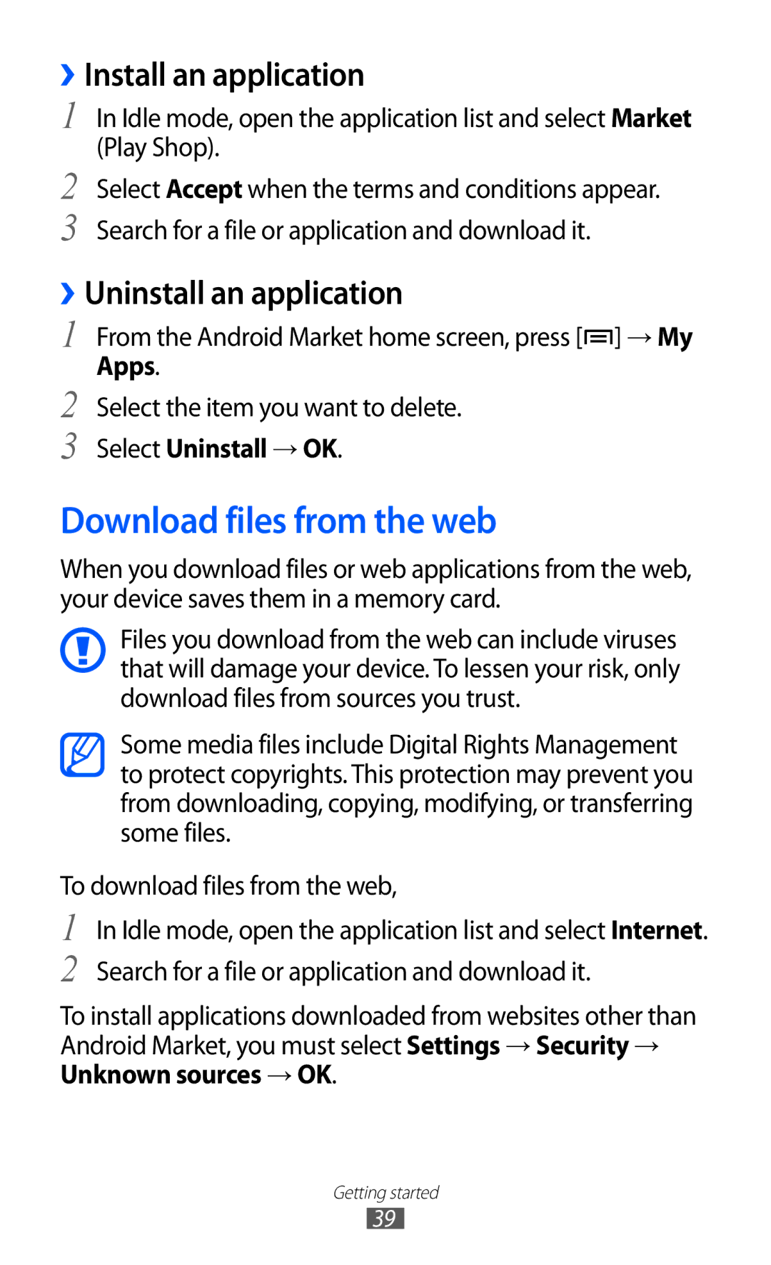 Samsung GT-I9100OIAMID manual Download files from the web, ››Install an application, ››Uninstall an application, Apps 