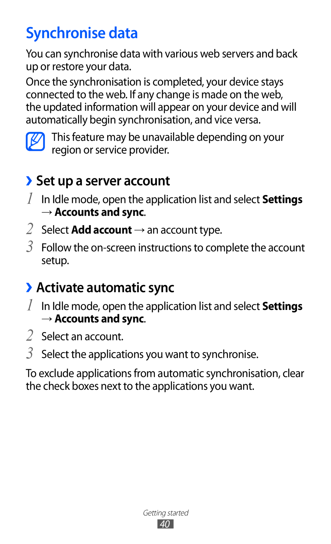 Samsung GT-I9100OIETHR manual Synchronise data, ››Set up a server account, ››Activate automatic sync, → Accounts and sync 