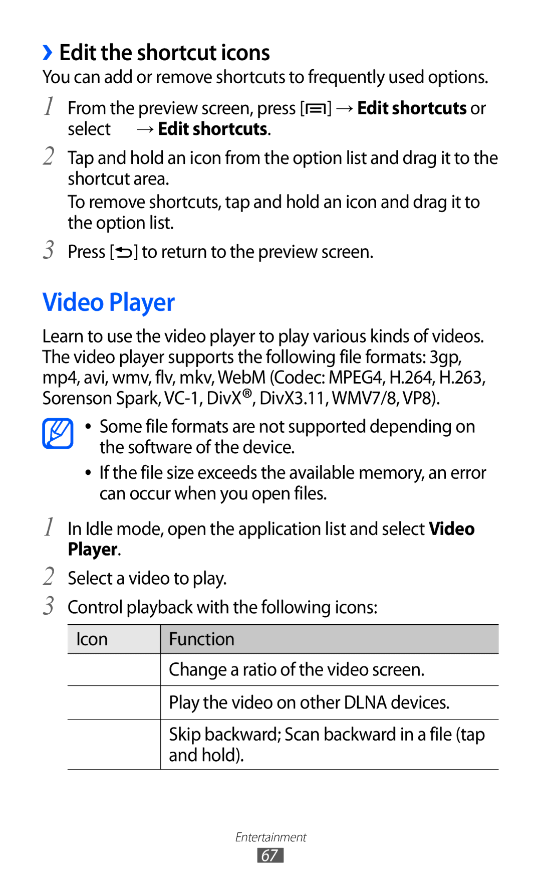 Samsung GT-I9100LKEHAJ, GT-I9100LKAAFR, GT-I9100LKEJED, GT-I9100RWASKZ manual Video Player, ››Edit the shortcut icons 