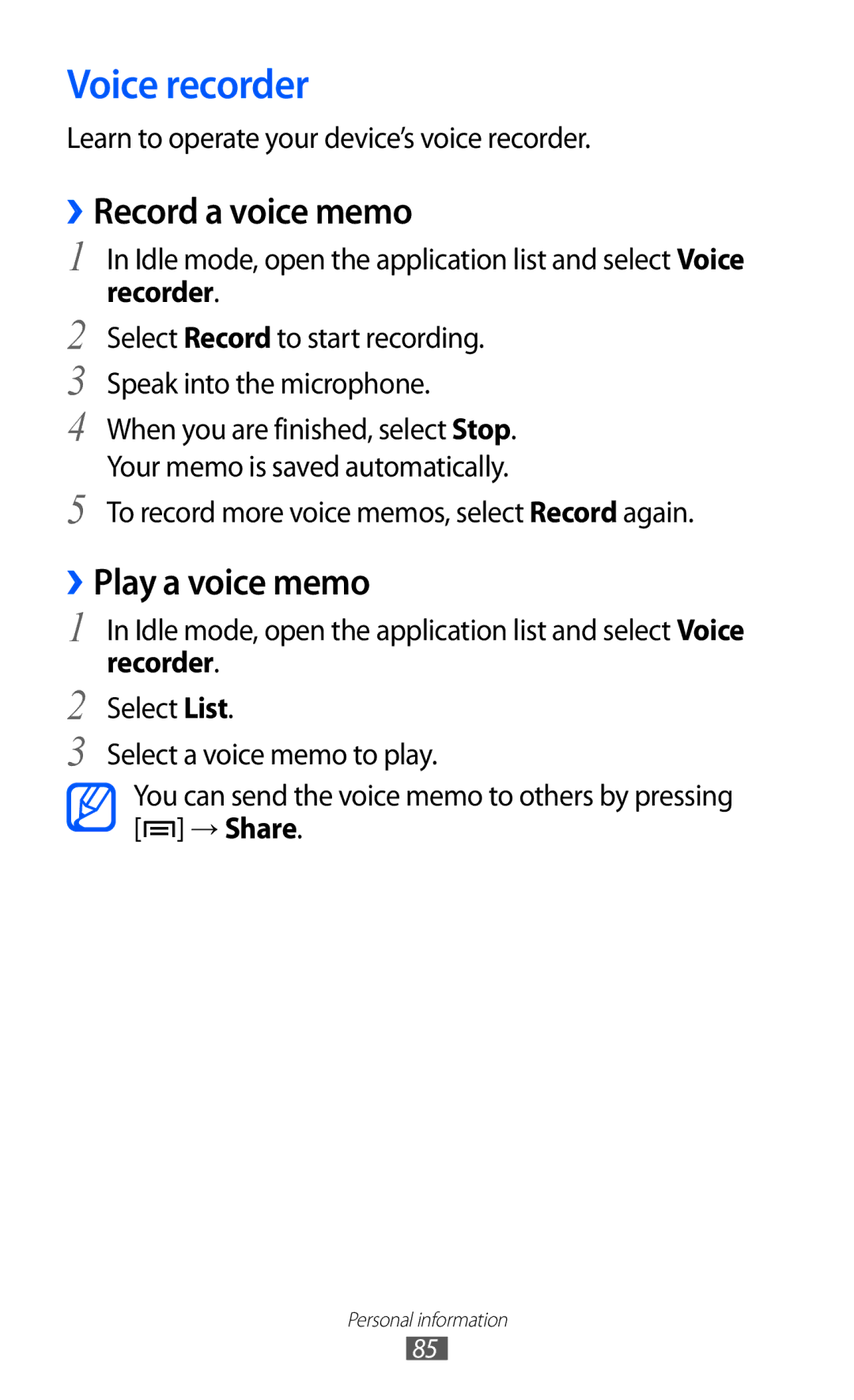 Samsung GT-I9100OIETHR, GT-I9100LKAAFR, GT-I9100LKEJED Voice recorder, ››Record a voice memo, ››Play a voice memo, Recorder 