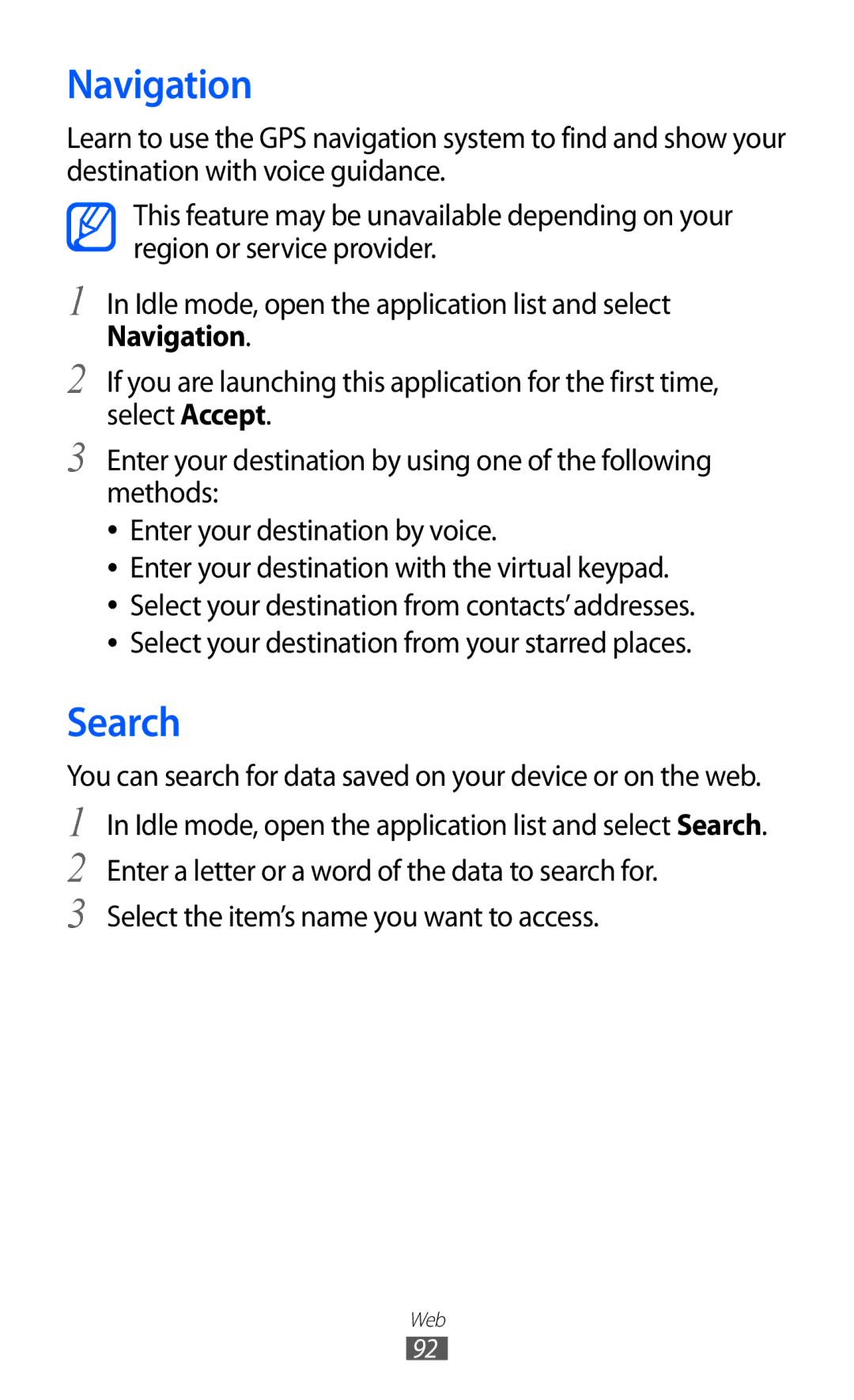 Samsung GT-I9100RWASKZ, GT-I9100LKAAFR manual Navigation, Search, You can search for data saved on your device or on the web 