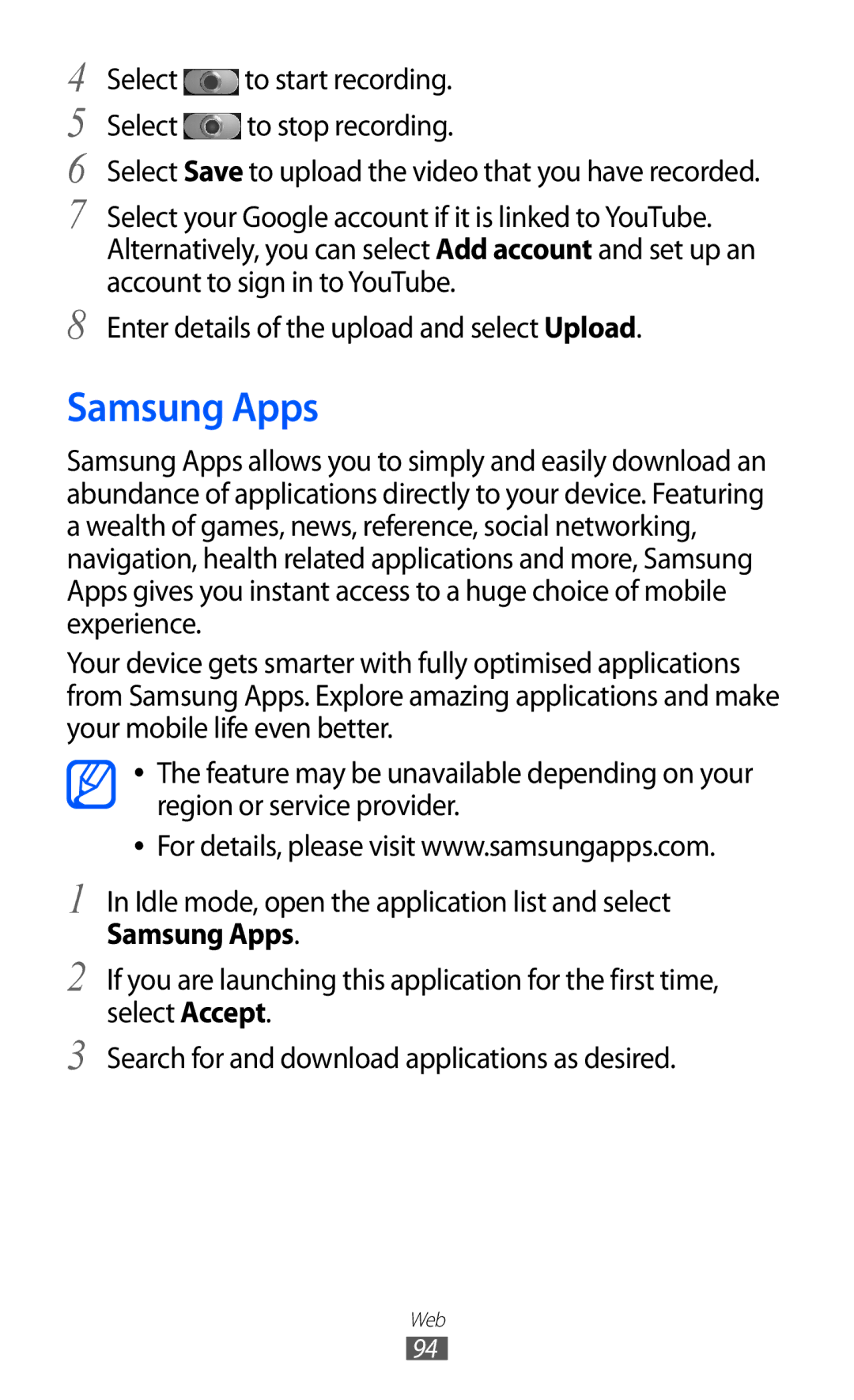 Samsung GT-I9100LKJXFV, GT-I9100LKAAFR, GT-I9100LKEJED manual Samsung Apps, Enter details of the upload and select Upload 