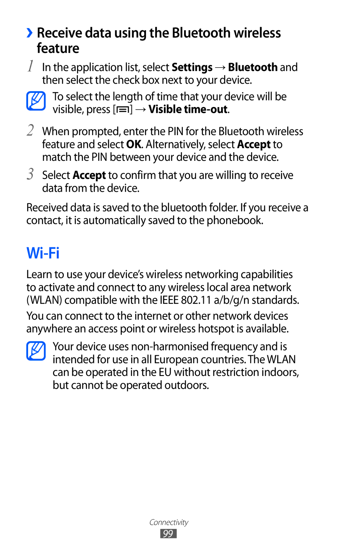 Samsung GT-I9100OIEXSG, GT-I9100LKAAFR, GT-I9100LKEJED manual Wi-Fi, ››Receive data using the Bluetooth wireless feature 