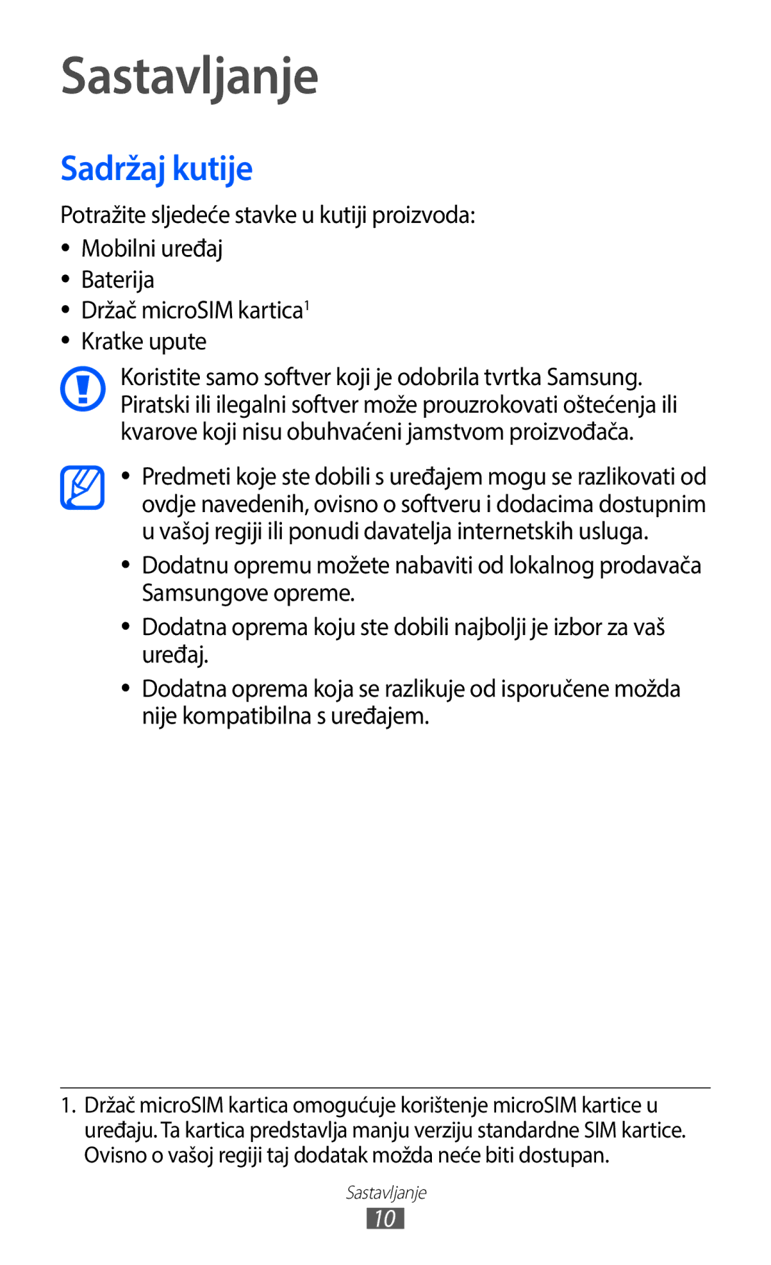 Samsung GT-I9100LKACOA, GT-I9100LKAATO, GT2I9100RWAVIP, GT-I9100RWAVIP, GT-I9100RWATRA manual Sastavljanje, Sadržaj kutije 