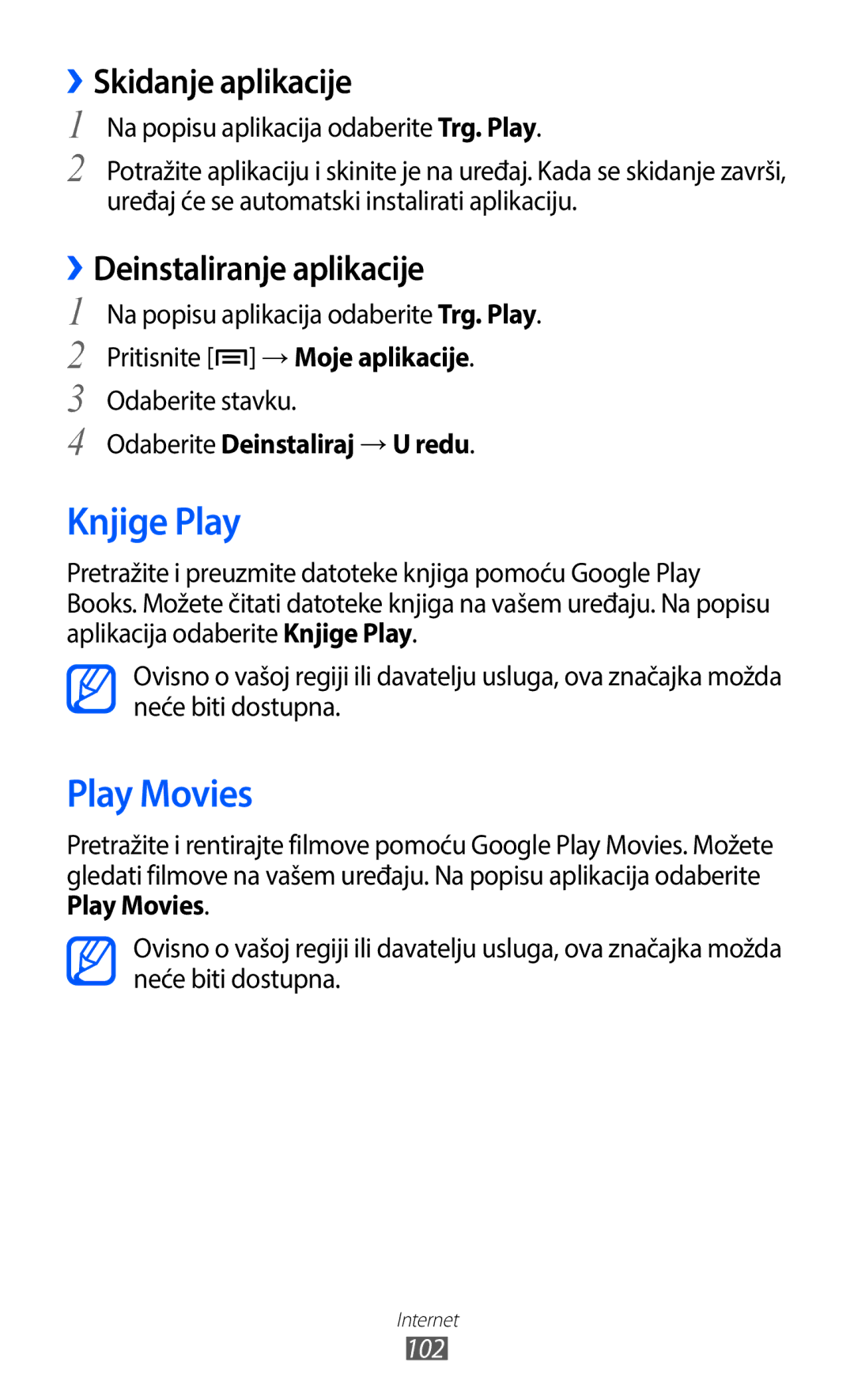 Samsung GT-I9100LKAMSR, GT-I9100LKAATO manual Knjige Play, Play Movies, Skidanje aplikacije, Deinstaliranje aplikacije 