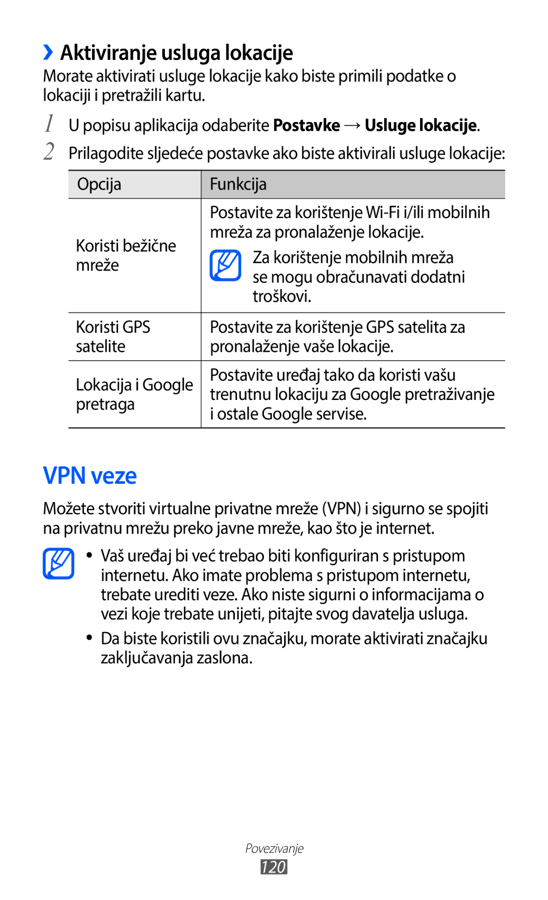 Samsung GT2I9100RWATRA, GT-I9100LKAATO, GT2I9100RWAVIP, GT-I9100RWAVIP manual VPN veze, ››Aktiviranje usluga lokacije, 120 