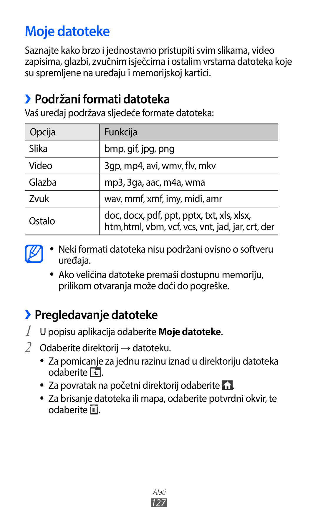 Samsung GT-I9100LKAVIP, GT-I9100LKAATO manual Moje datoteke, ››Podržani formati datoteka, ››Pregledavanje datoteke, 127 