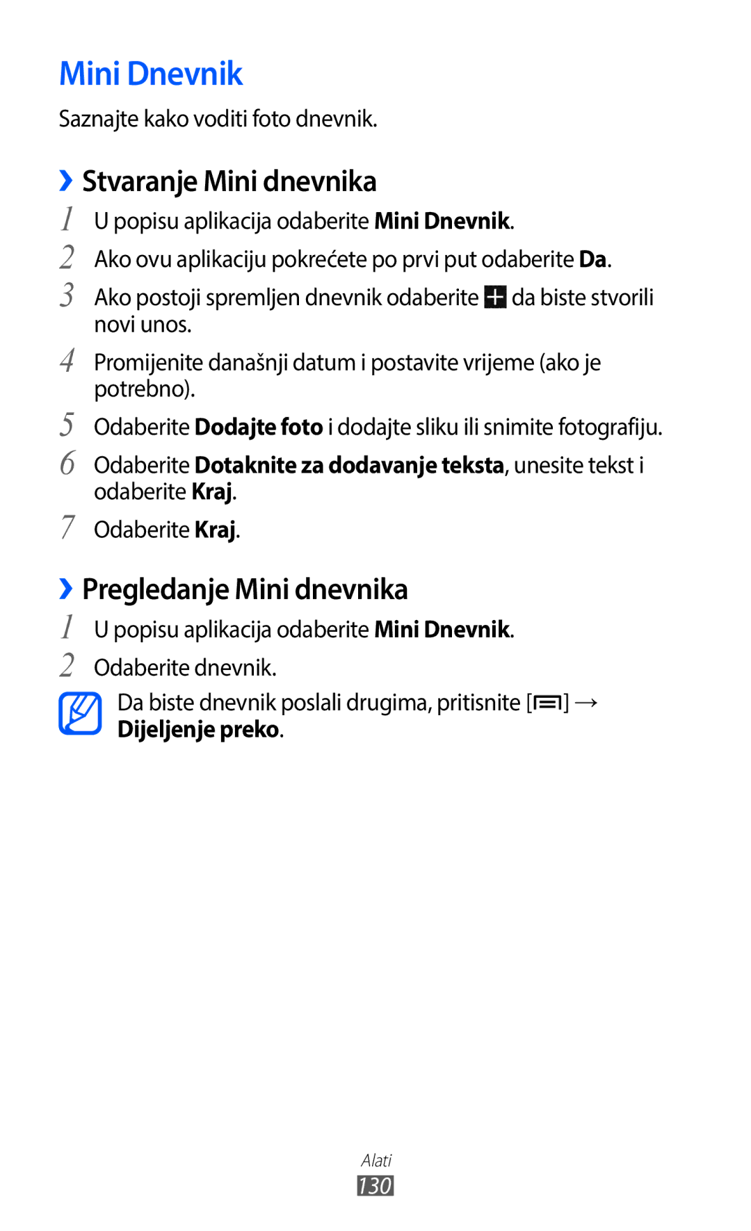 Samsung GT-I9100LKAATO, GT2I9100RWAVIP manual Mini Dnevnik, Stvaranje Mini dnevnika, ››Pregledanje Mini dnevnika, 130 