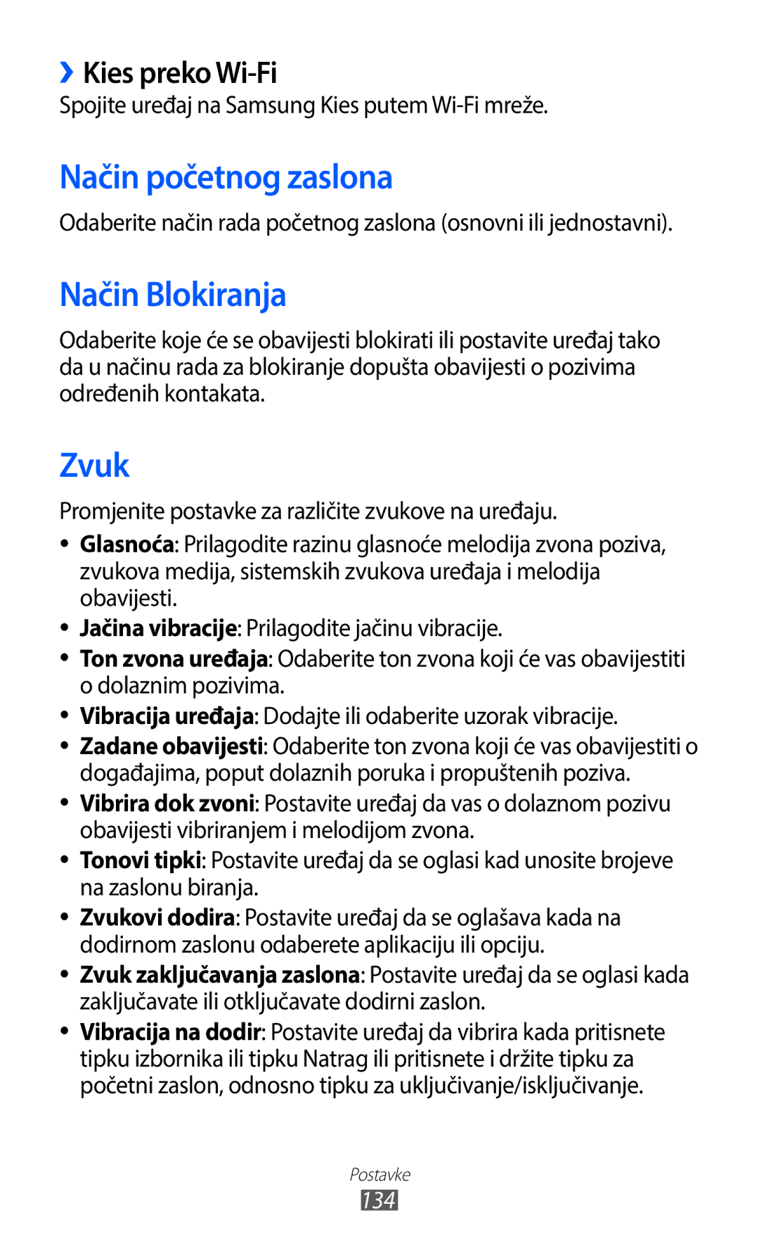 Samsung GT-I9100LKASMO, GT-I9100LKAATO manual Način početnog zaslona, Način Blokiranja, Zvuk, ››Kies preko Wi-Fi, 134 