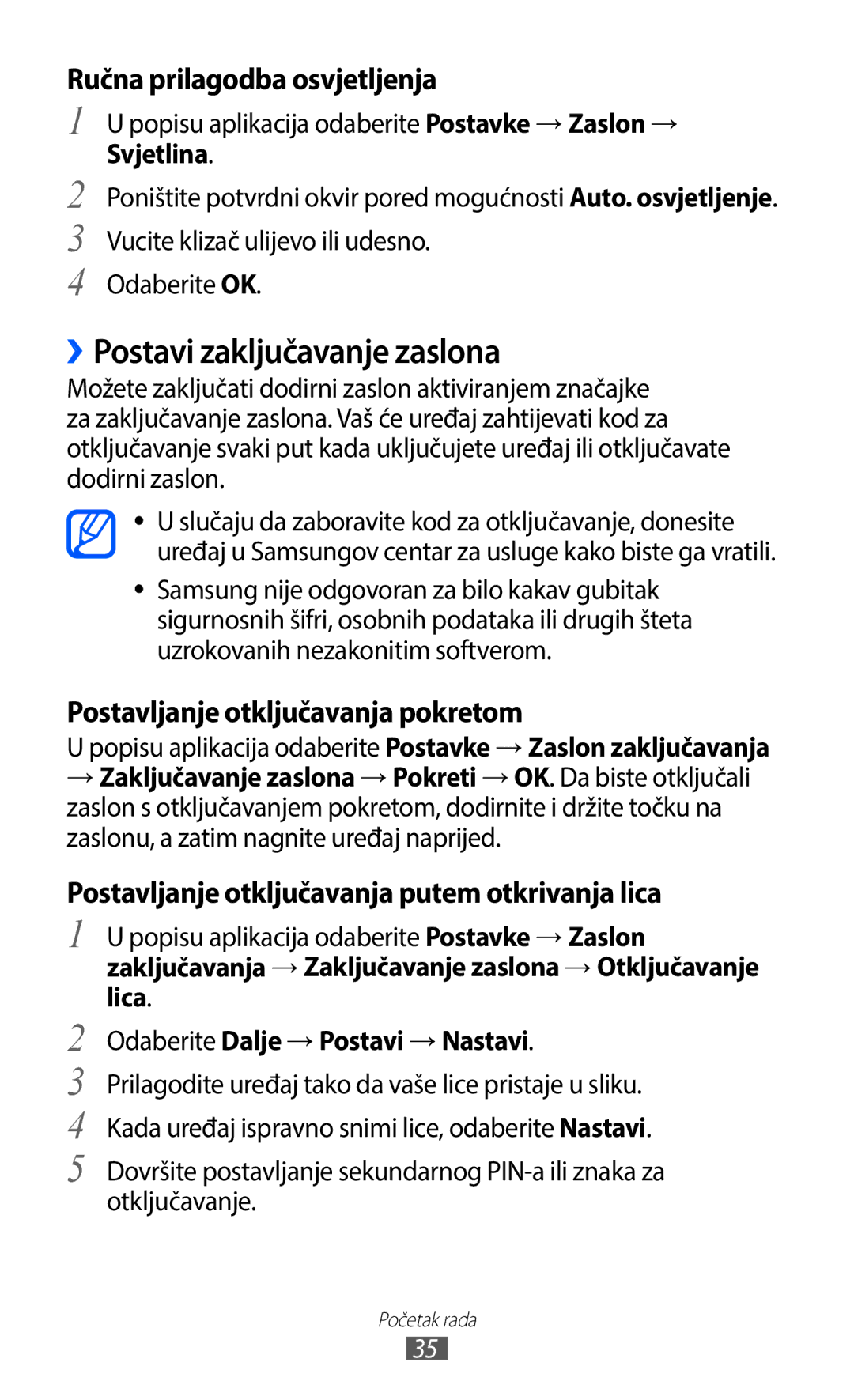 Samsung GT-I9100RWAMSR ››Postavi zaključavanje zaslona, Ručna prilagodba osvjetljenja, Postavljanje otključavanja pokretom 