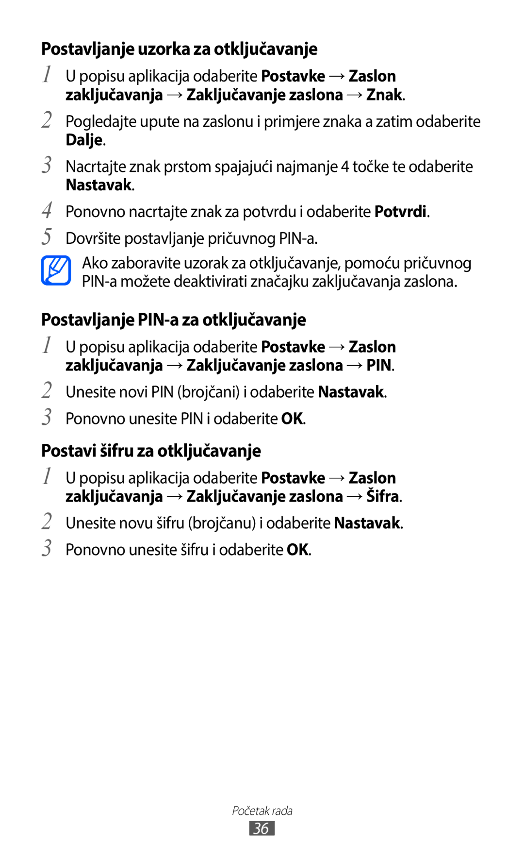 Samsung GT-I9100LKACOA, GT-I9100LKAATO Postavljanje uzorka za otključavanje, Postavljanje PIN-a za otključavanje, Dalje 