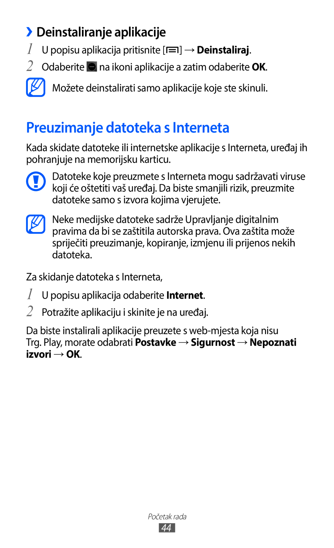 Samsung GT-I9100RWACRO, GT-I9100LKAATO manual Preuzimanje datoteka s Interneta, ››Deinstaliranje aplikacije, Izvori →OK 