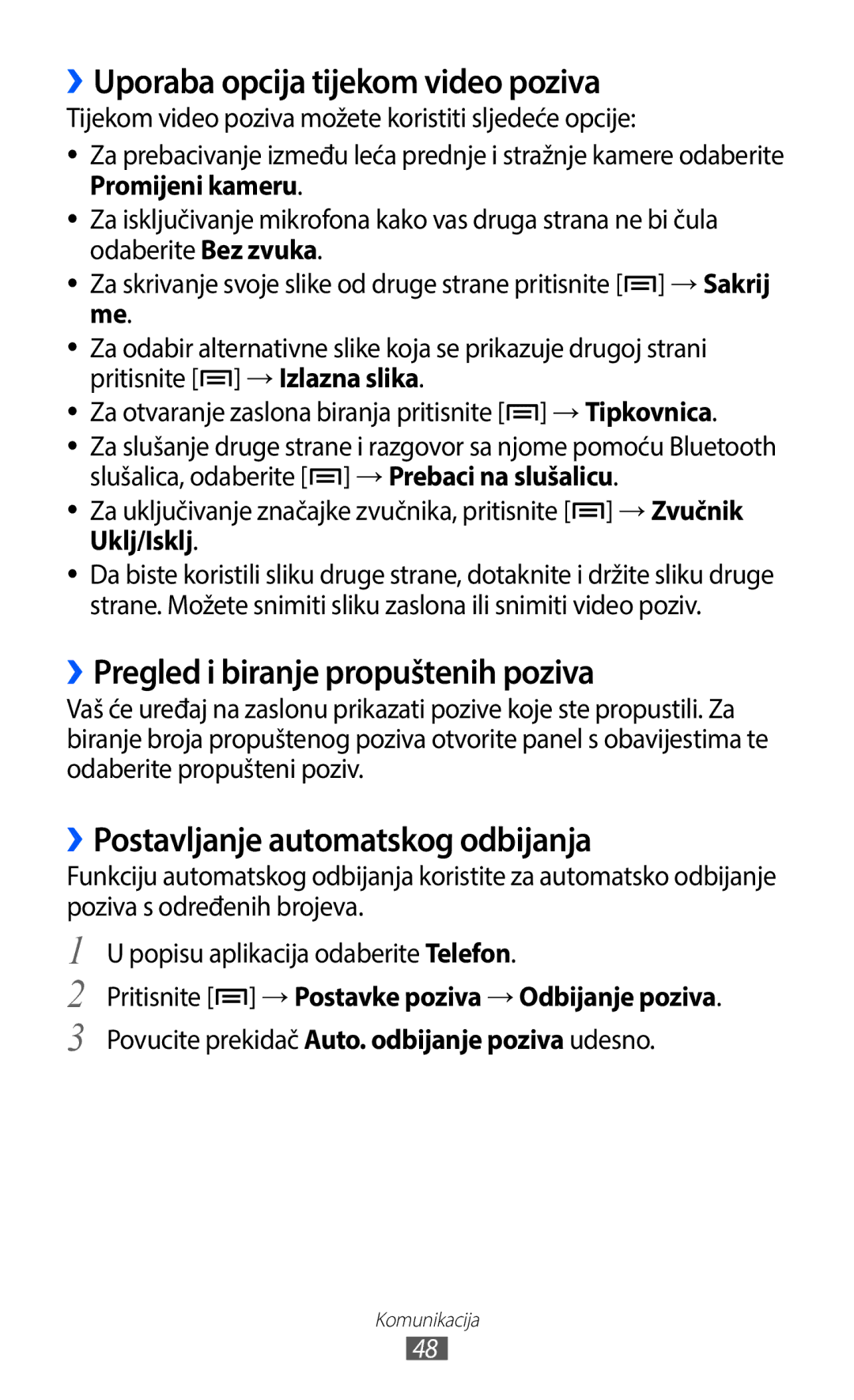 Samsung GT-I9100OIASMO, GT-I9100LKAATO manual ››Uporaba opcija tijekom video poziva, ››Pregled i biranje propuštenih poziva 