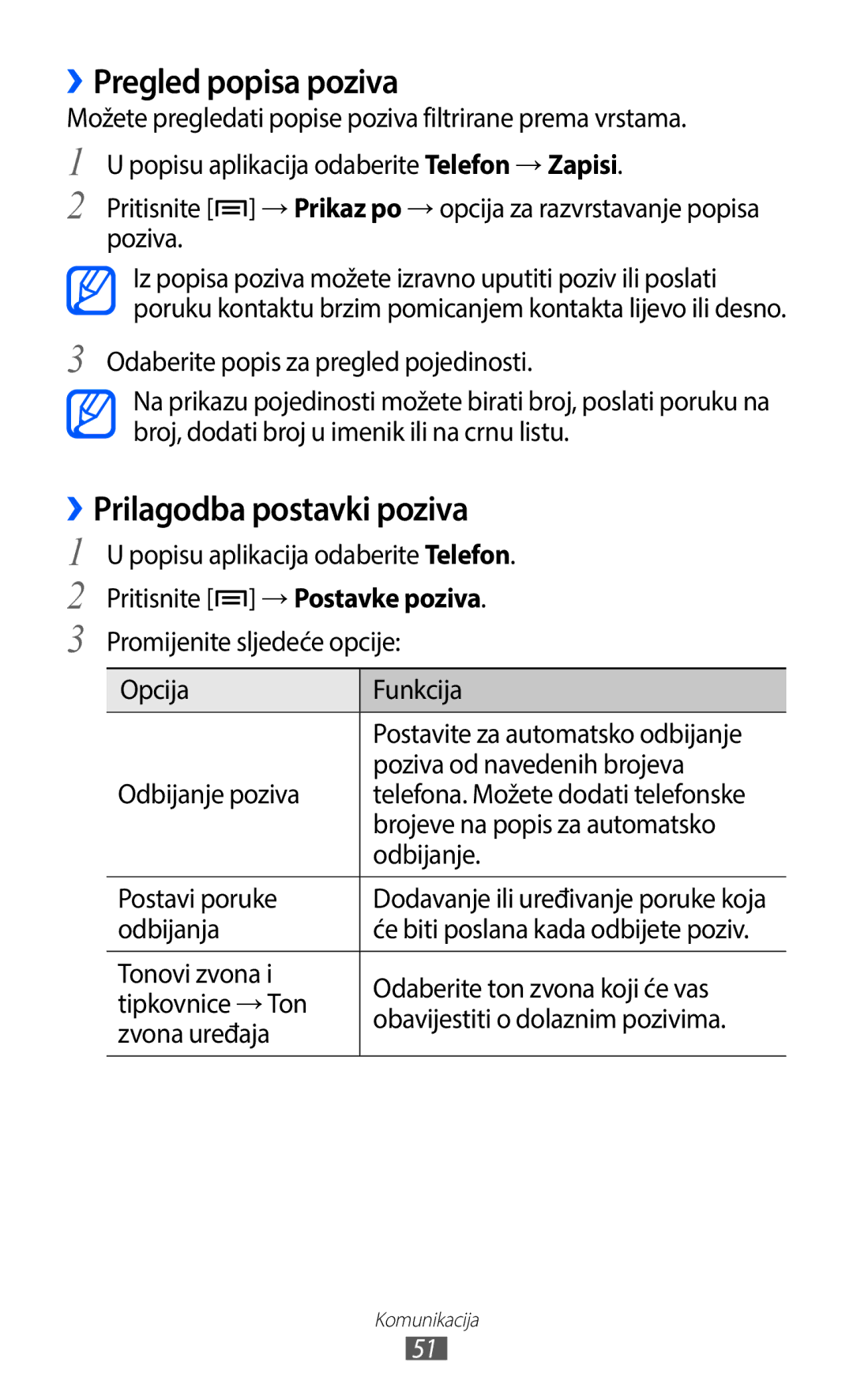 Samsung GT2I9100LKATWO, GT-I9100LKAATO, GT2I9100RWAVIP, GT-I9100RWAVIP ››Pregled popisa poziva, ››Prilagodba postavki poziva 