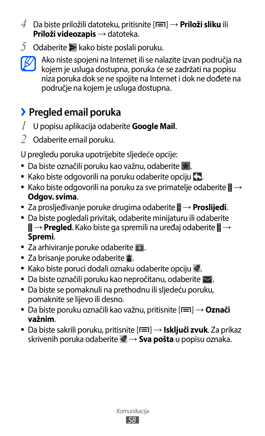 Samsung GT-I9100LKATWO, GT-I9100LKAATO manual Pregled email poruka, Odgov. svima →Proslijedi, Spremi, →Označi, Važnim 