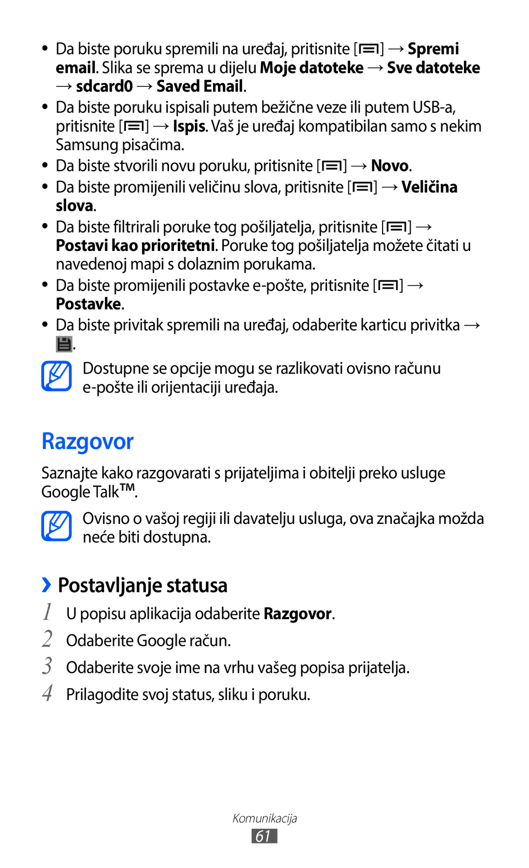 Samsung GT-I9100RWAMSR, GT-I9100LKAATO, GT2I9100RWAVIP manual Razgovor, ››Postavljanje statusa, → sdcard0 →Saved Email 