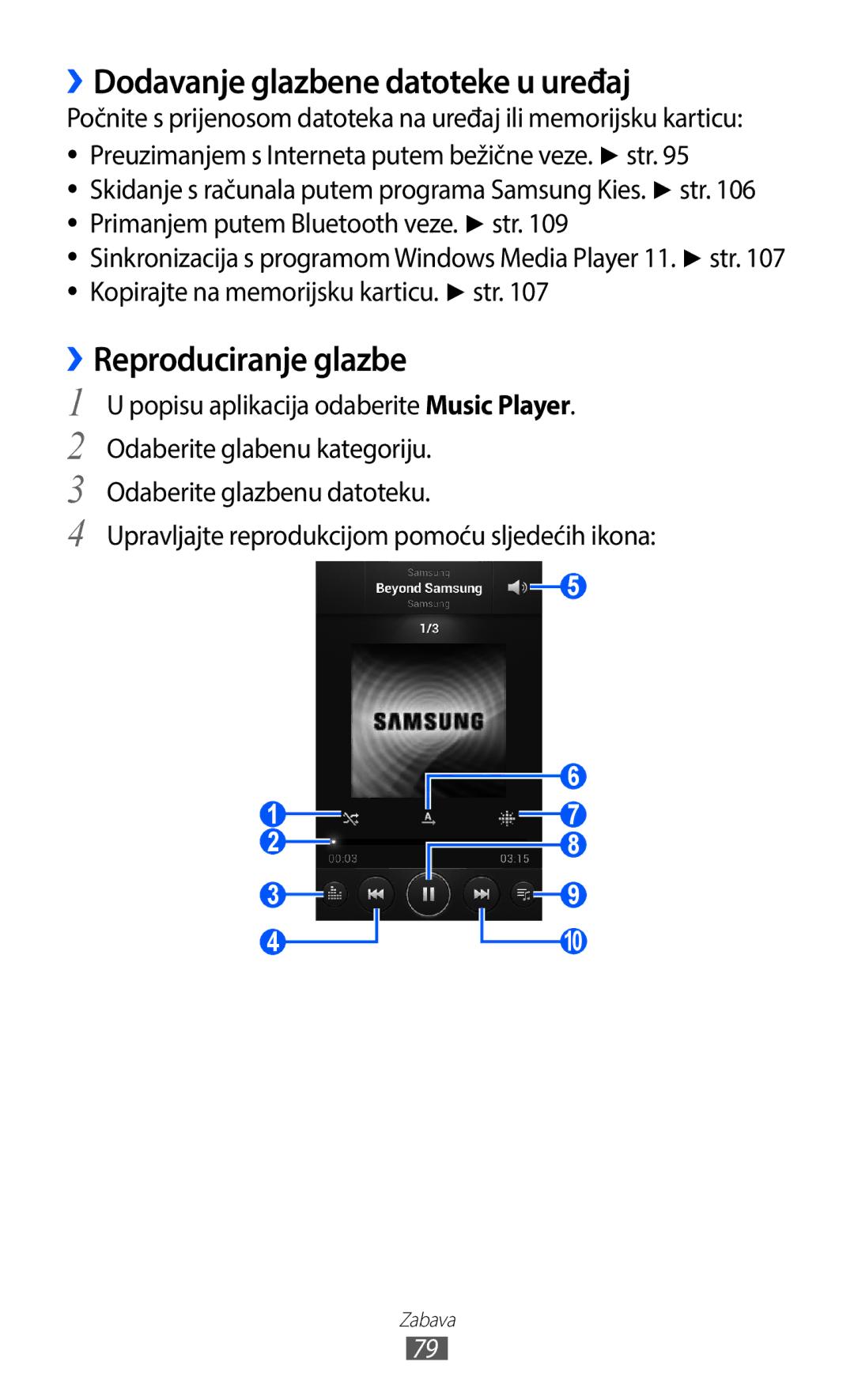 Samsung GT2I9100RWAVIP, GT-I9100LKAATO, GT-I9100RWAVIP manual ››Dodavanje glazbene datoteke u uređaj, ››Reproduciranje glazbe 