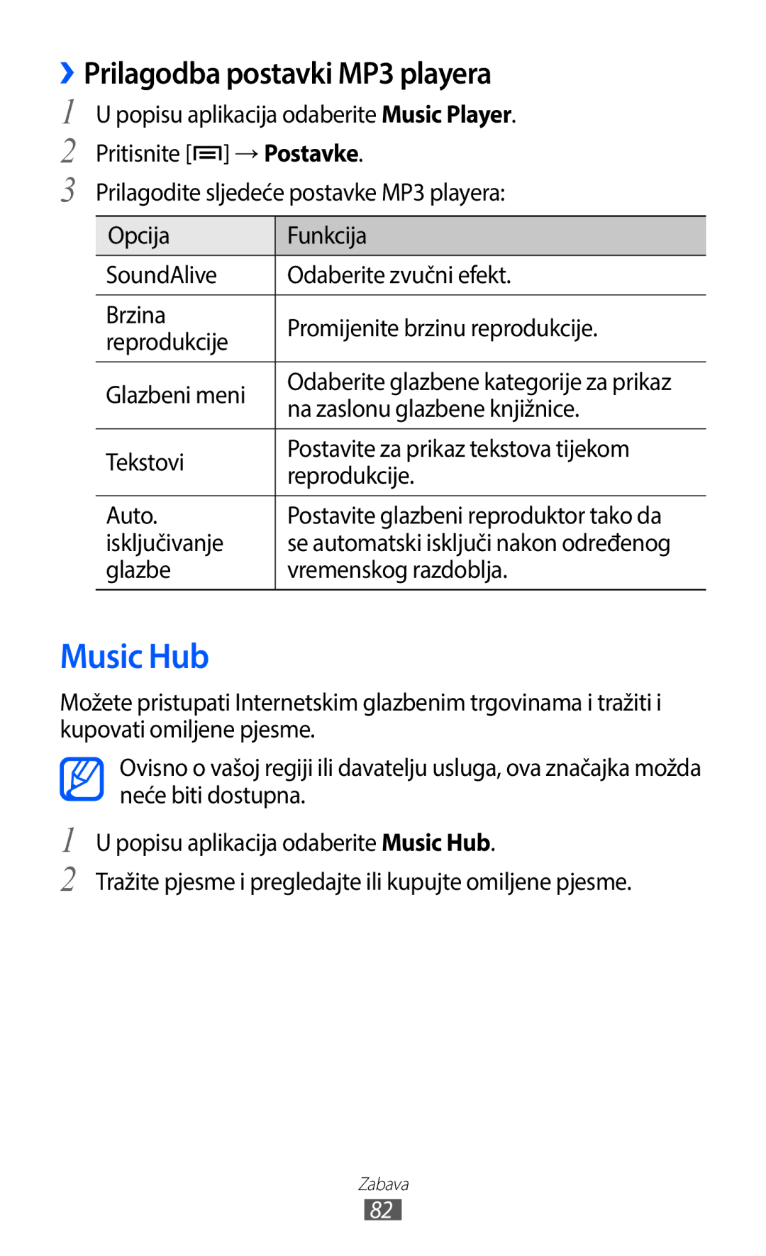 Samsung GT-I9100LKASMO manual Music Hub, ››Prilagodba postavki MP3 playera, Na zaslonu glazbene knjižnice, Isključivanje 