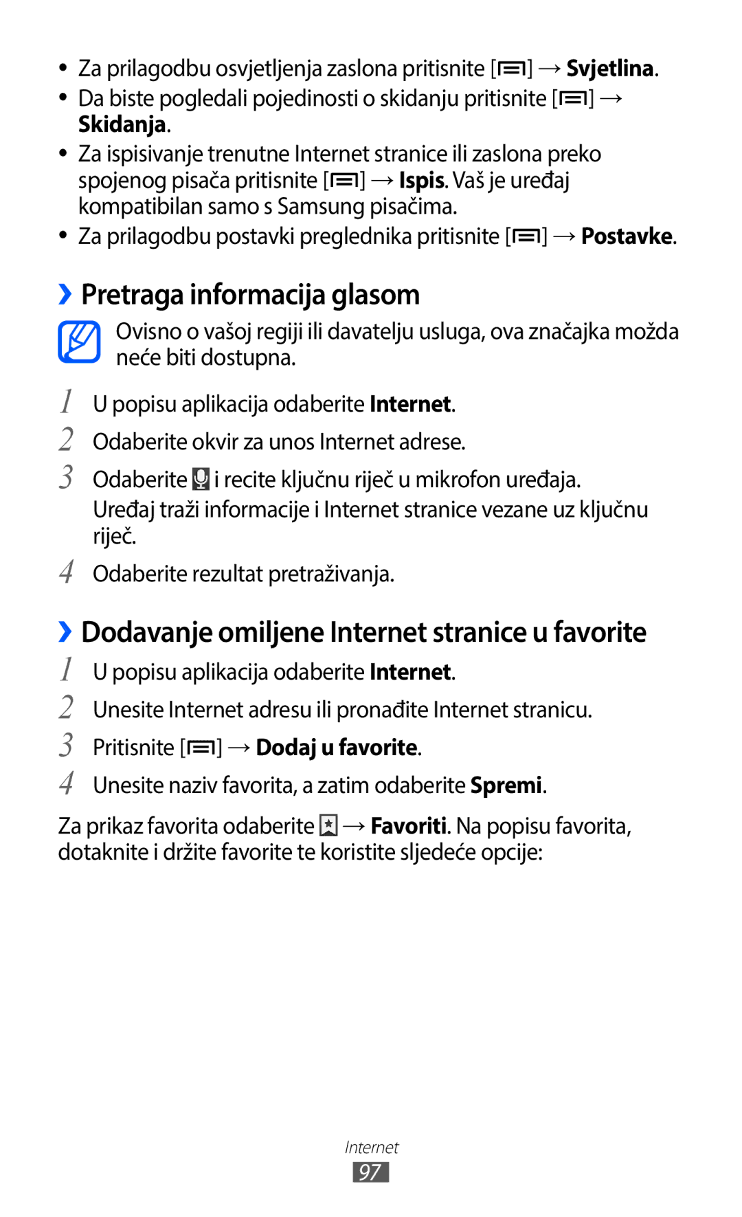 Samsung GT-I9100LKGCRO manual ››Pretraga informacija glasom, Za prilagodbu postavki preglednika pritisnite →Postavke 