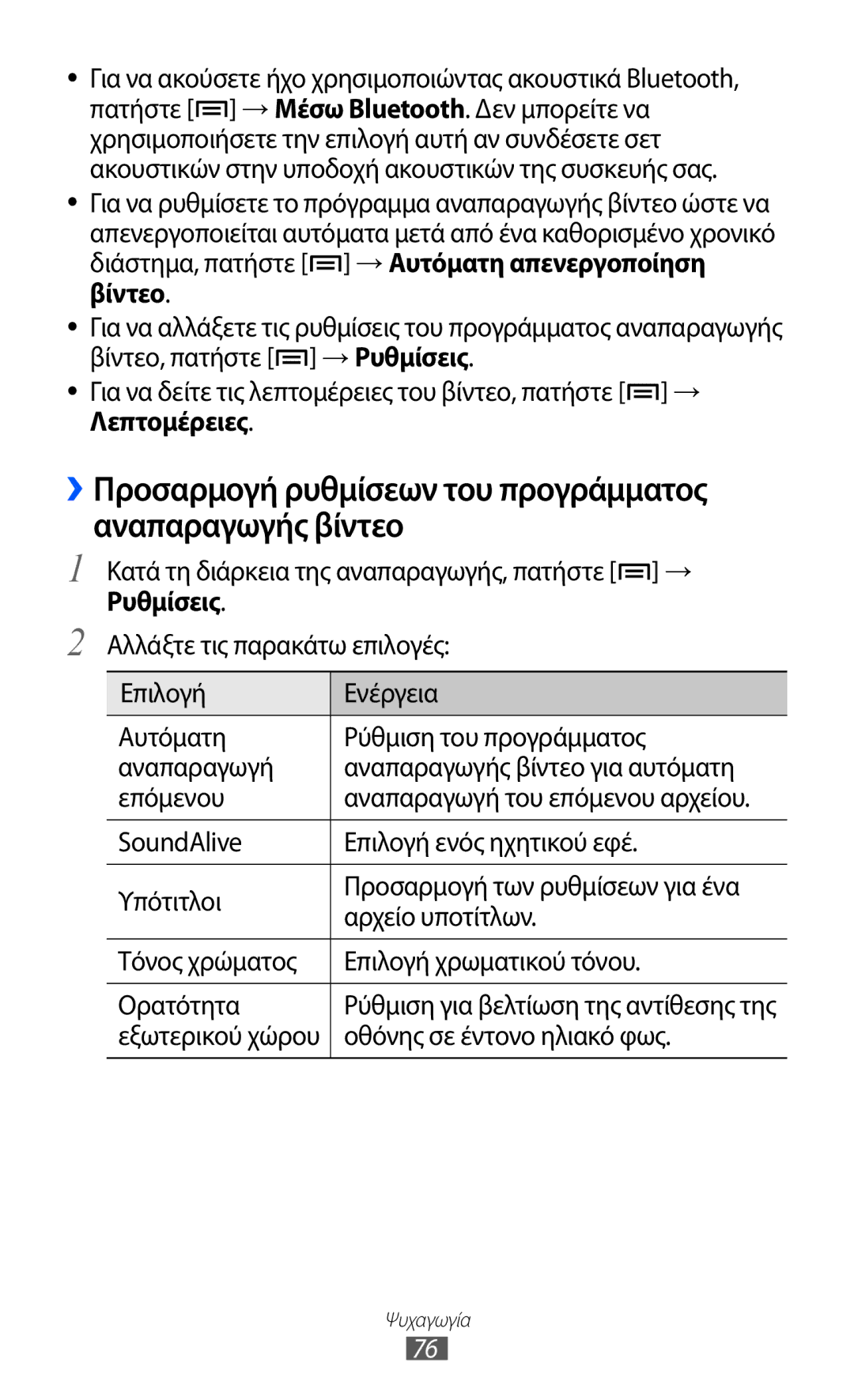 Samsung GT-I9100LKACOS manual ››Προσαρμογή ρυθμίσεων του προγράμματος αναπαραγωγής βίντεο, Οθόνης σε έντονο ηλιακό φως 