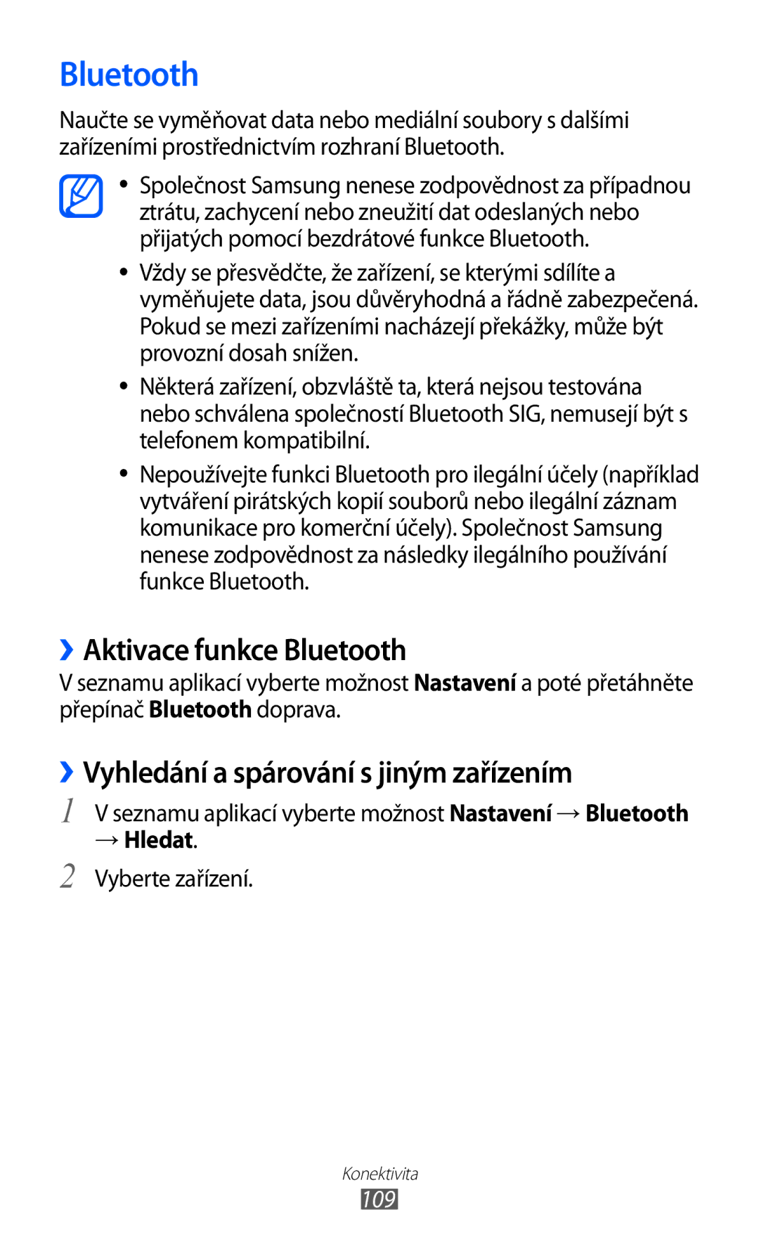 Samsung GT-I9100LKAAUT, GT-I9100LKAIDE ››Aktivace funkce Bluetooth, ››Vyhledání a spárování s jiným zařízením, 109 