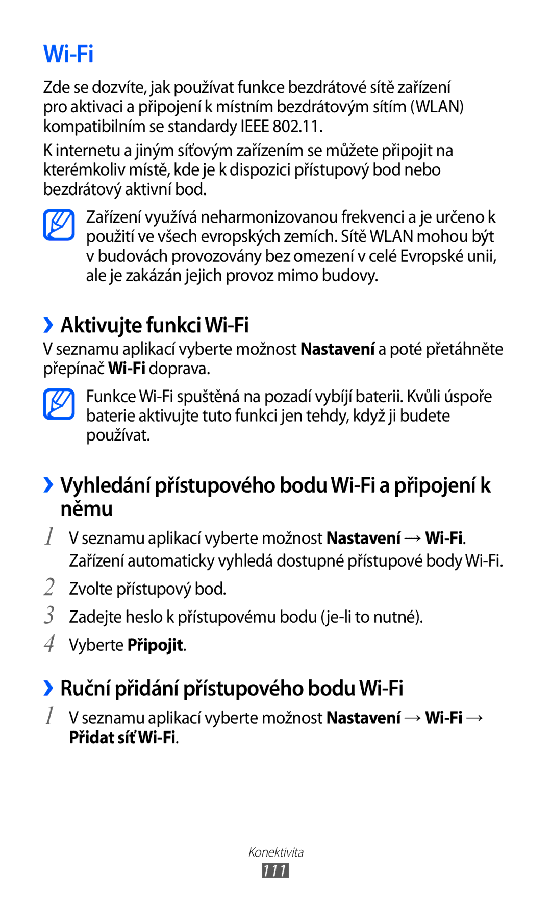 Samsung GT2I9100RWAXEZ manual ››Aktivujte funkci Wi-Fi, ››Vyhledání přístupového bodu Wi-Fi a připojení k němu 