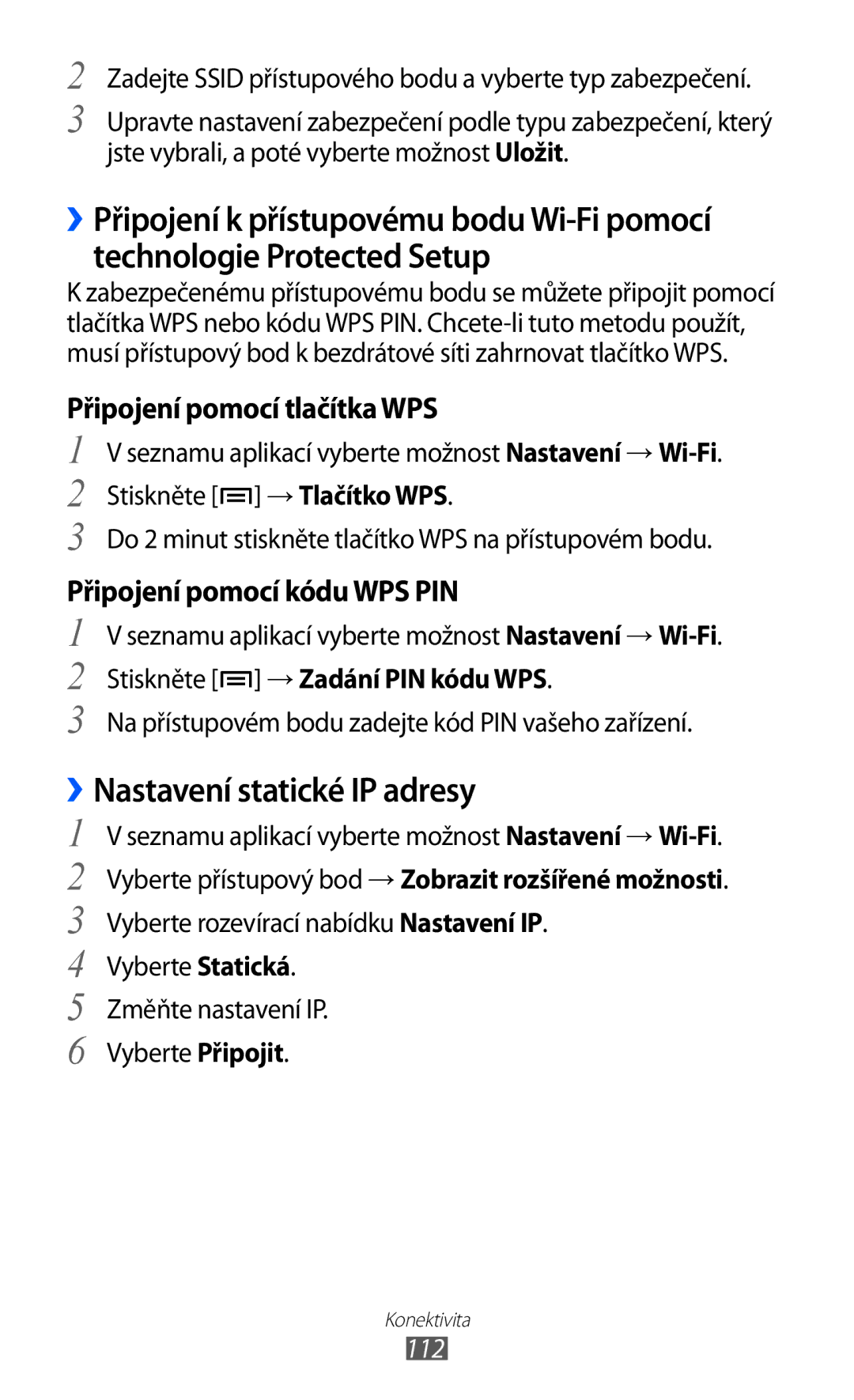 Samsung GT-I9100RWAXEZ manual ››Nastavení statické IP adresy, Zadejte Ssid přístupového bodu a vyberte typ zabezpečení, 112 