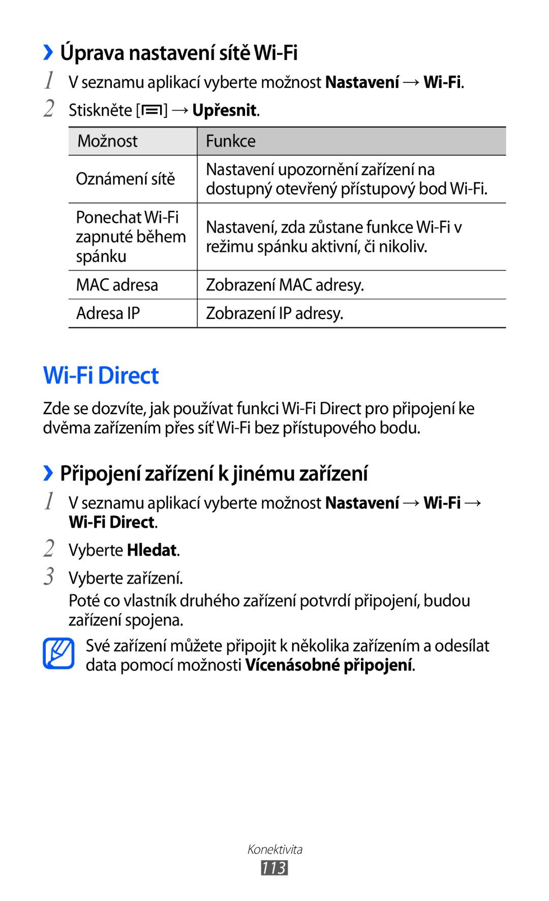 Samsung GT-I9100RWATMZ manual Wi-Fi Direct, ››Úprava nastavení sítě Wi-Fi, ››Připojení zařízení k jinému zařízení, 113 