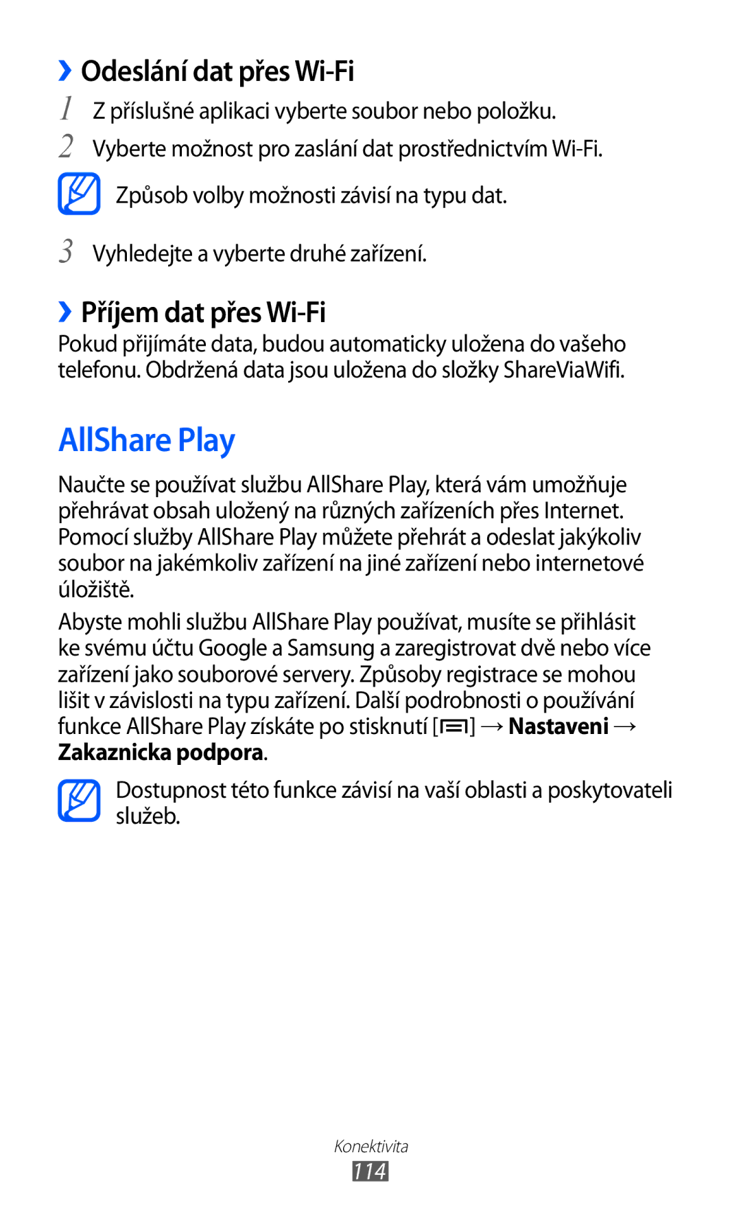 Samsung GT-I9100LKAVDC, GT-I9100LKAIDE manual AllShare Play, ››Odeslání dat přes Wi-Fi, ››Příjem dat přes Wi-Fi, 114 