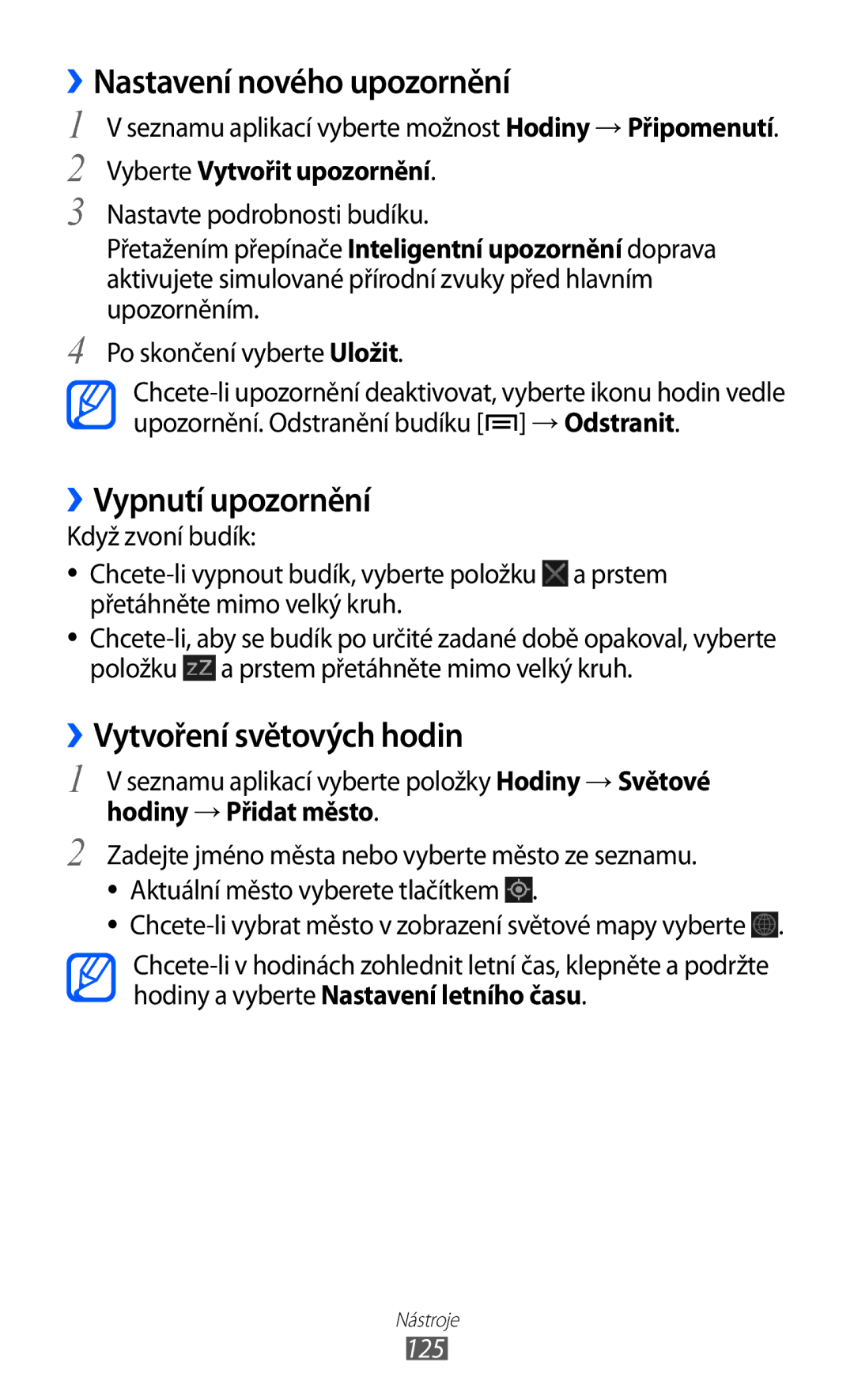 Samsung GT2I9100RWAO2C manual ››Nastavení nového upozornění, ››Vypnutí upozornění, ››Vytvoření světových hodin, 125 