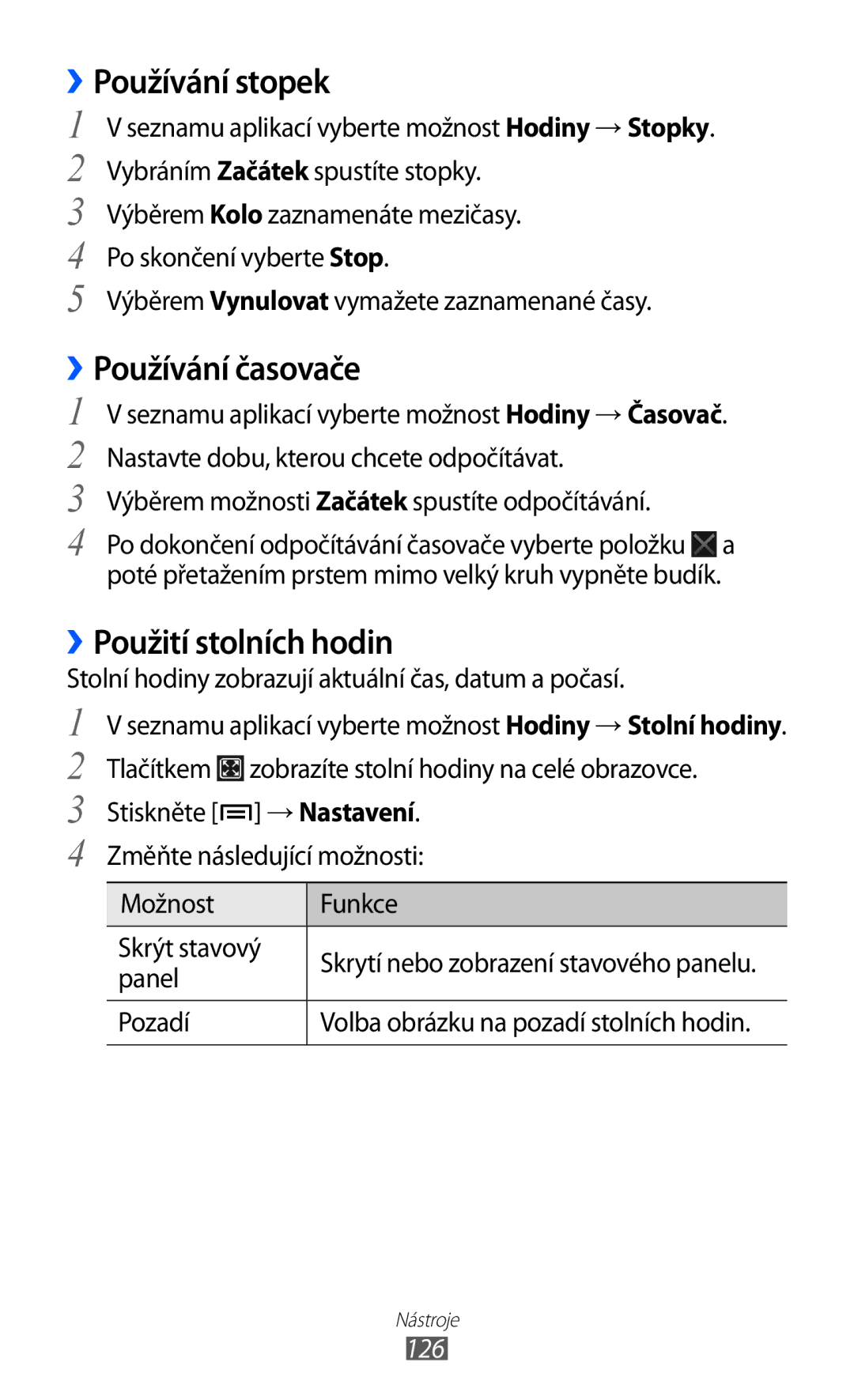 Samsung GT2I9100LKATMZ, GT-I9100LKAIDE manual ››Používání stopek, ››Používání časovače, ››Použití stolních hodin, 126 