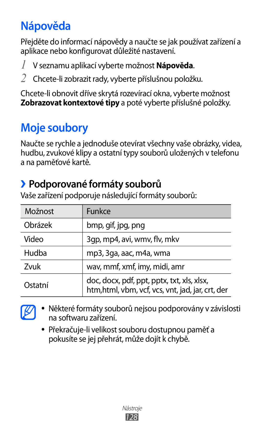 Samsung GT-I9100LKAO2C, GT-I9100LKAIDE, GT-I9100LKAATO manual Nápověda, Moje soubory, ››Podporované formáty souborů, 128 