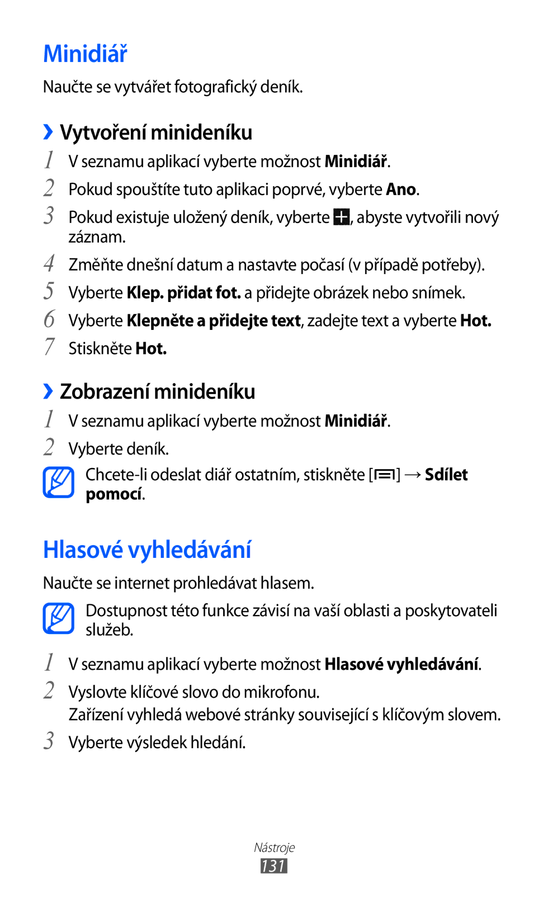 Samsung GT-I9100LKAATO Minidiář, Hlasové vyhledávání, ››Zobrazení minideníku, Naučte se vytvářet fotografický deník, 131 