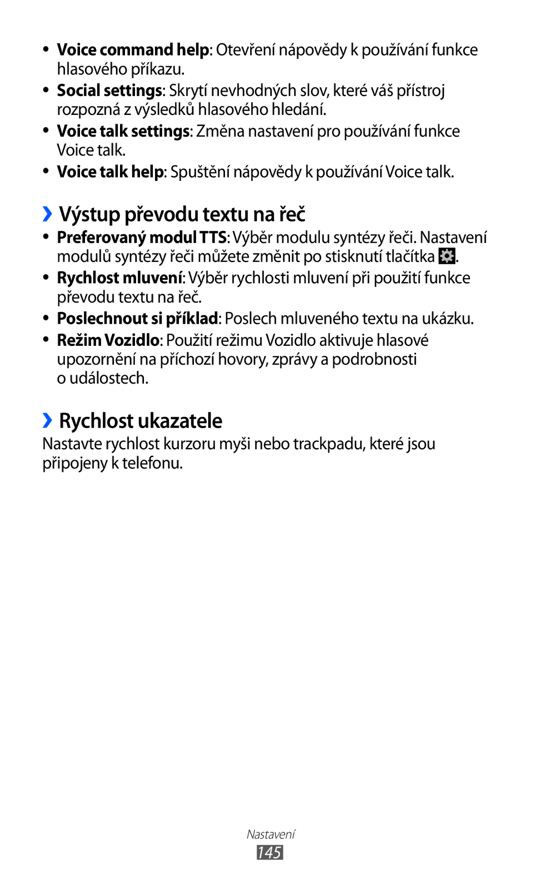 Samsung GT2I9100RWAVDC, GT-I9100LKAIDE, GT-I9100LKAATO manual ››Výstup převodu textu na řeč, ››Rychlost ukazatele, 145 