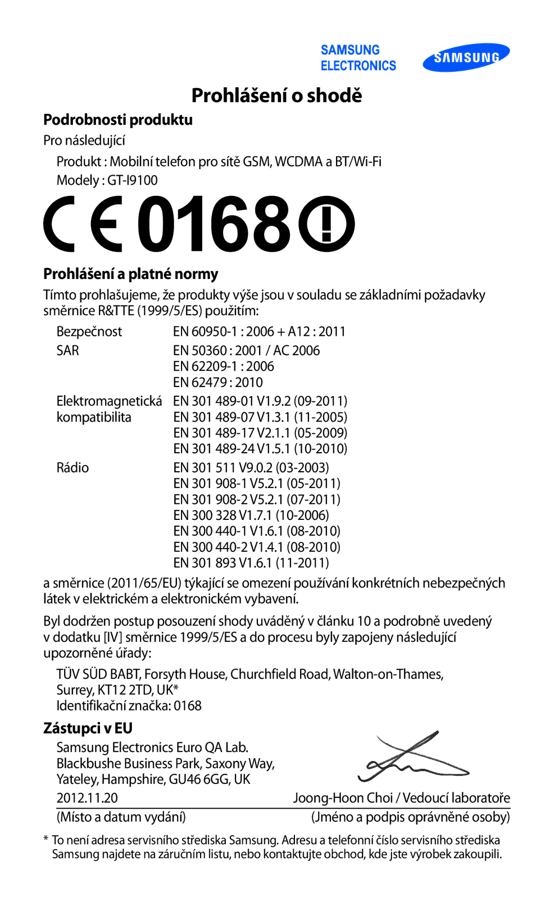 Samsung GT2I9100RWAVDC, GT-I9100LKAIDE, GT-I9100LKAATO, GT-I9100RWAAUT, GT-I9100RWAORS, GT-I9100RWAVDC manual Prohlášení o shodě 