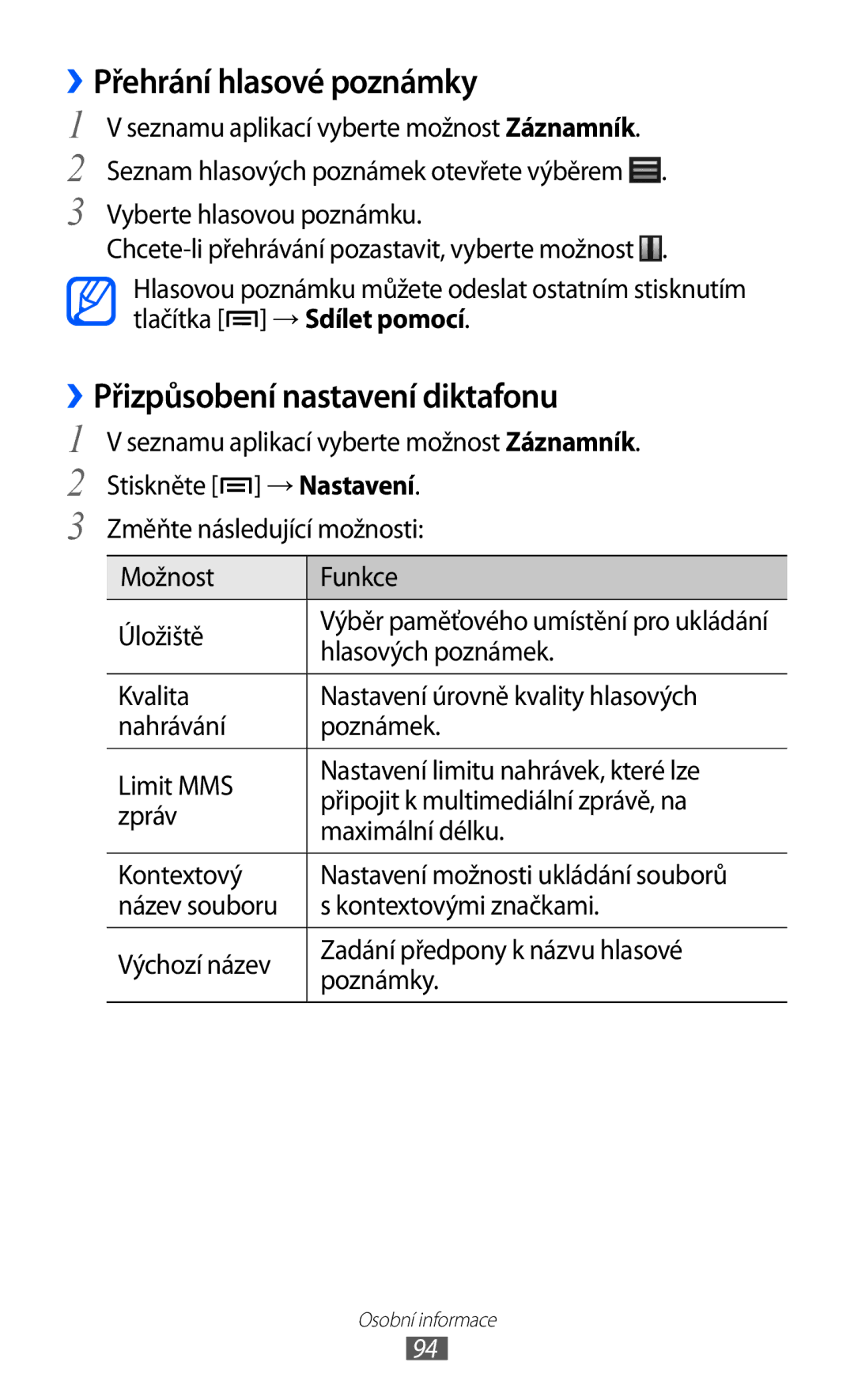 Samsung GT2I9100LKAORS, GT-I9100LKAIDE ››Přehrání hlasové poznámky, ››Přizpůsobení nastavení diktafonu, Hlasových poznámek 