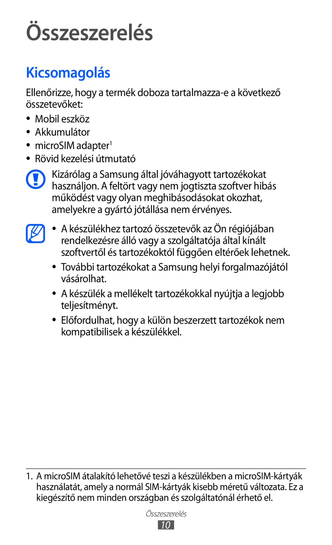 Samsung GT-I9100RWADBT, GT-I9100LKAITV, GT-I9100LKAIDE manual Kicsomagolás, MicroSIM adapter1 Rövid kezelési útmutató 