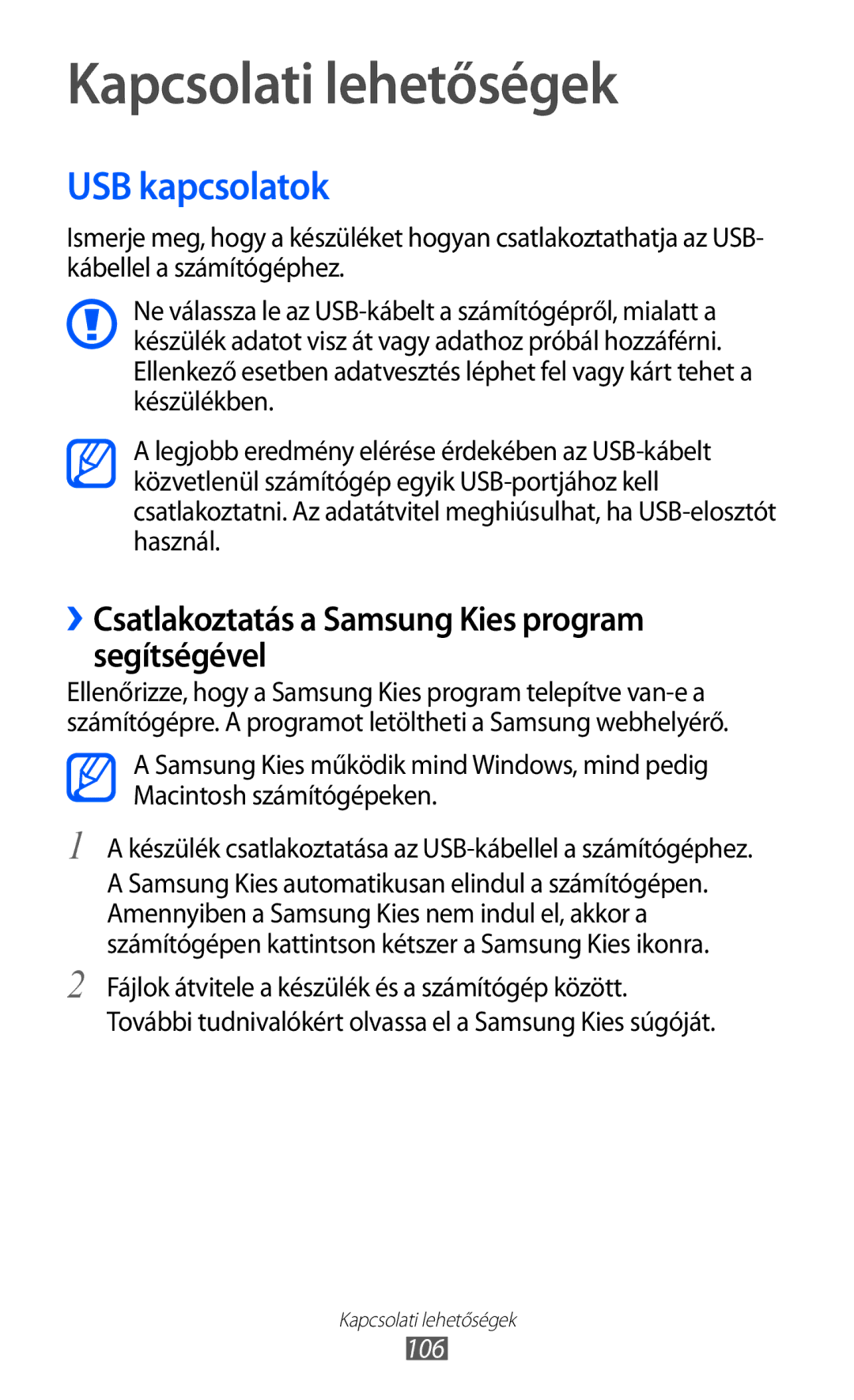 Samsung GT-I9100OIAXEH, GT-I9100LKAITV manual USB kapcsolatok, ››Csatlakoztatás a Samsung Kies program segítségével, 106 