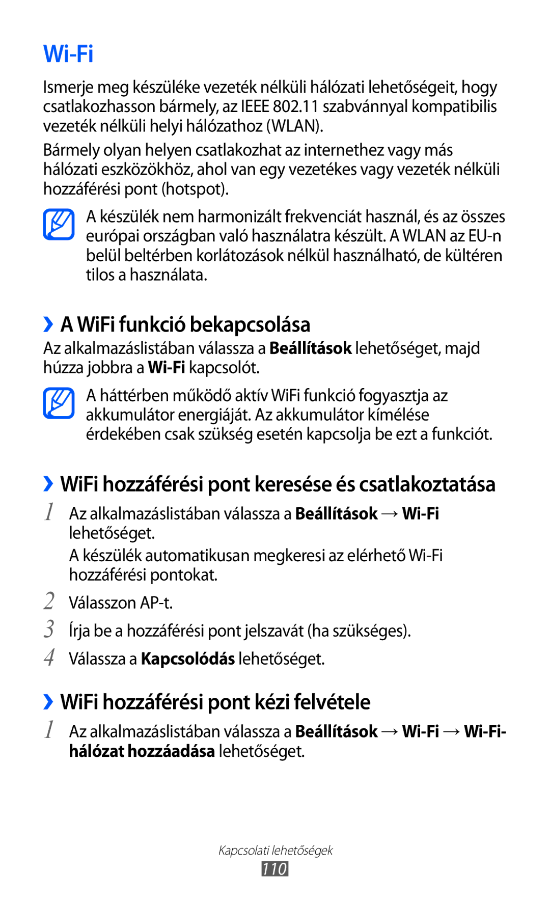 Samsung GT-I9100OIASWC, GT-I9100LKAITV Wi-Fi, ››A WiFi funkció bekapcsolása, ››WiFi hozzáférési pont kézi felvétele, 110 