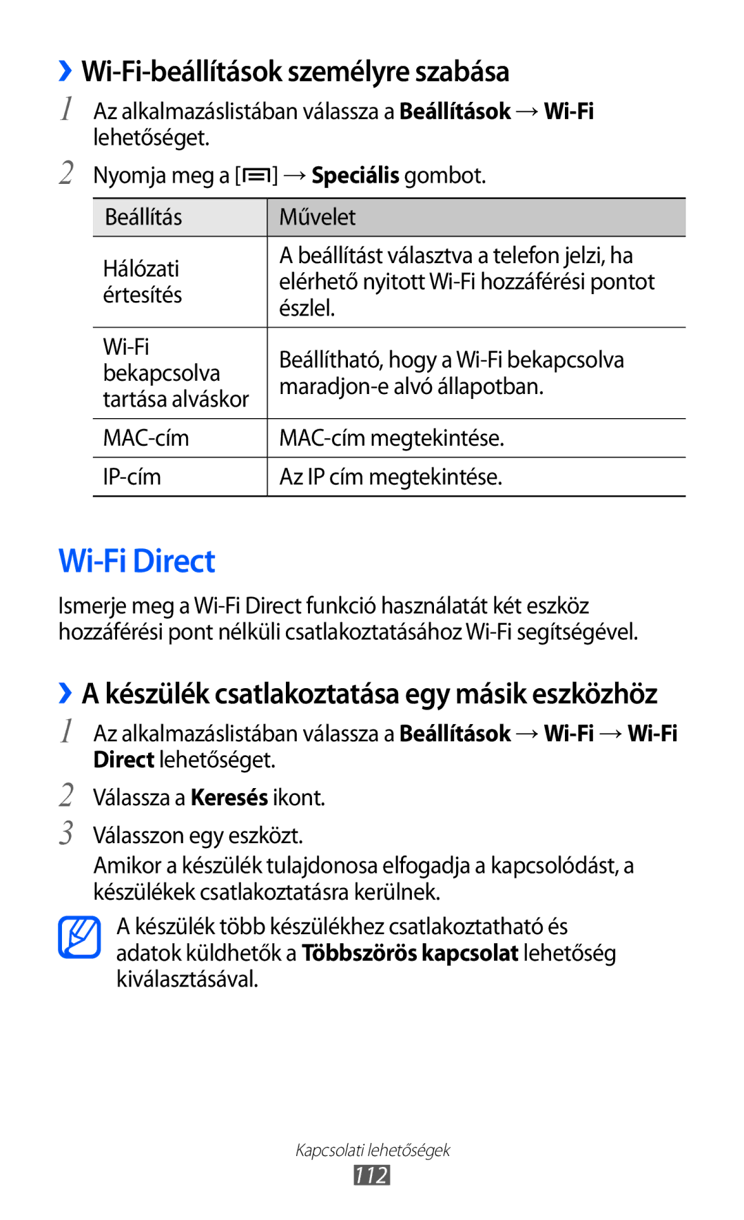 Samsung GT-I9100LKAPAN, GT-I9100LKAITV, GT-I9100LKAIDE manual Wi-Fi Direct, ››Wi-Fi-beállítások személyre szabása, 112 