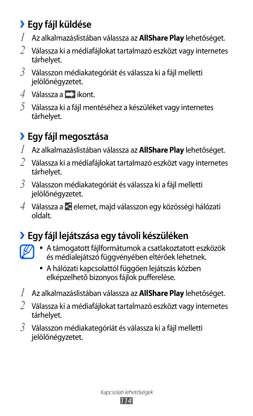 Samsung GT-I9100LKNMOT manual ››Egy fájl küldése, ››Egy fájl megosztása, ››Egy fájl lejátszása egy távoli készüléken, 114 