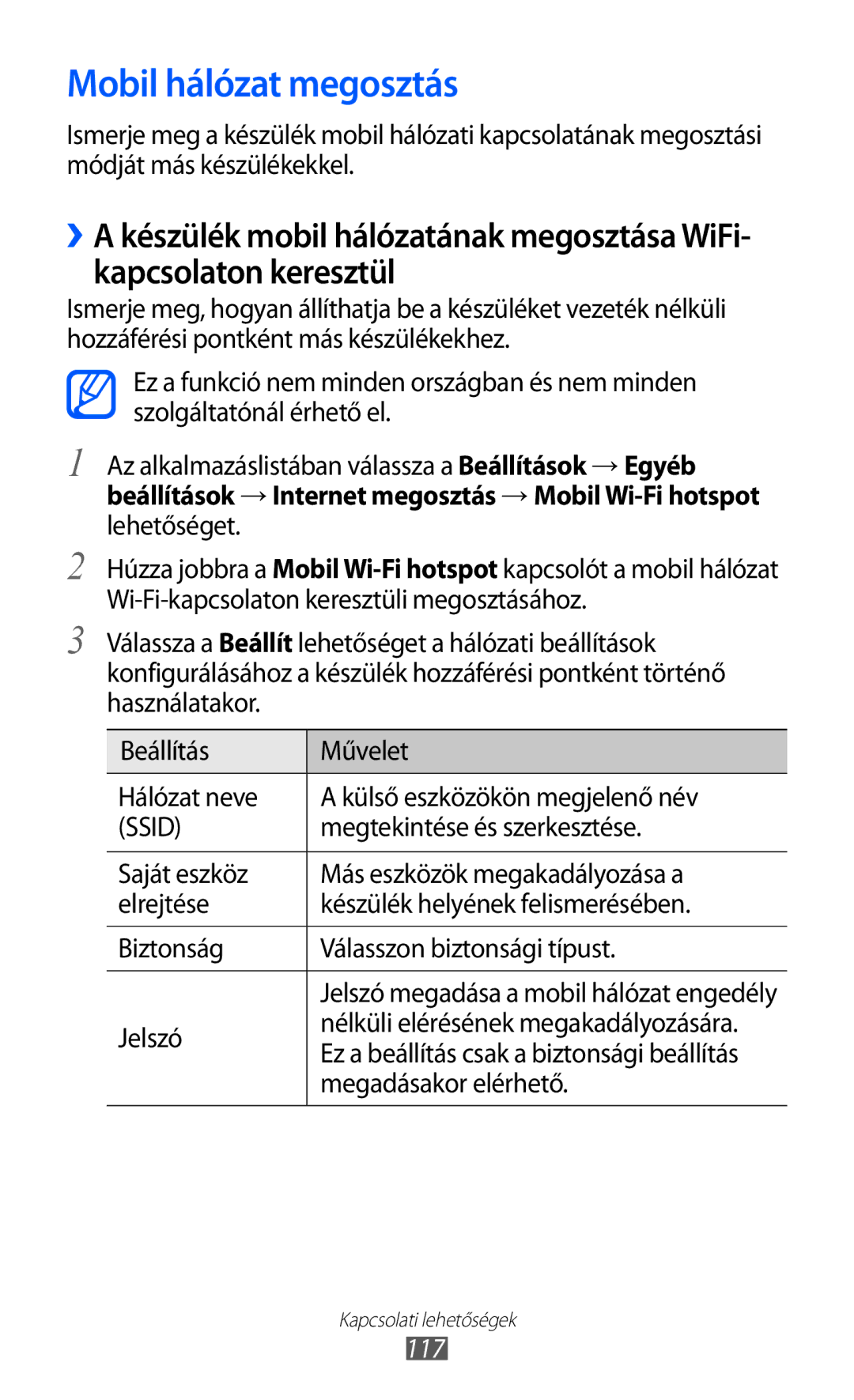 Samsung GT-I9100LKASUN manual Mobil hálózat megosztás, Megtekintése és szerkesztése, Jelszó, Megadásakor elérhető, 117 