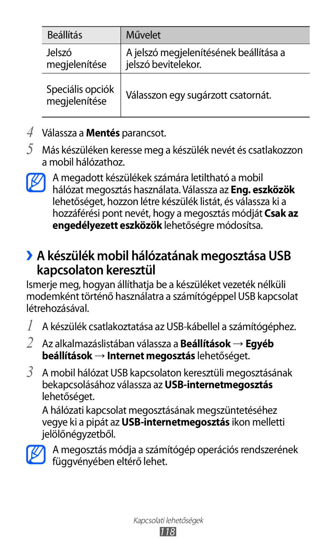 Samsung GT2I9100RWAXEH, GT-I9100LKAITV Válasszon egy sugárzott csatornát, Beállítások →Internet megosztás lehetőséget, 118 