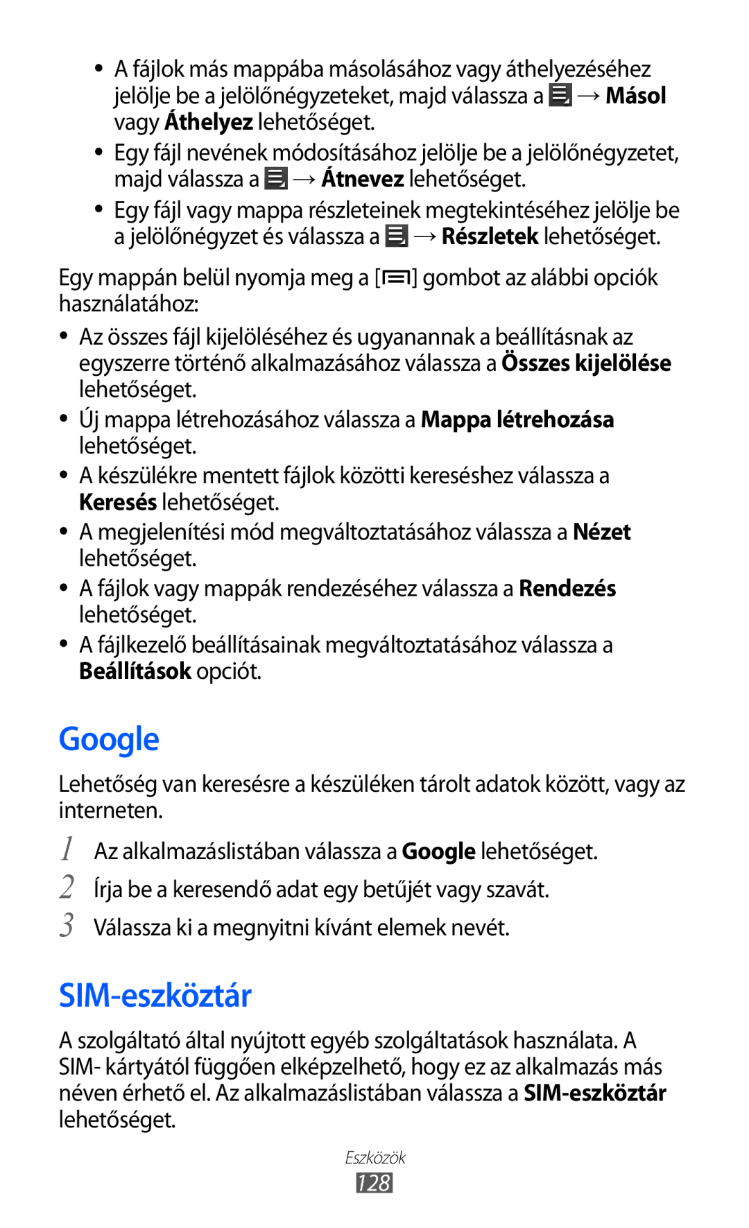 Samsung GT-I9100RWATMH, GT-I9100LKAITV, GT-I9100LKAIDE, GT-I9100LKAATO, GT-I9100LKAVD2 manual Google, SIM-eszköztár, 128 