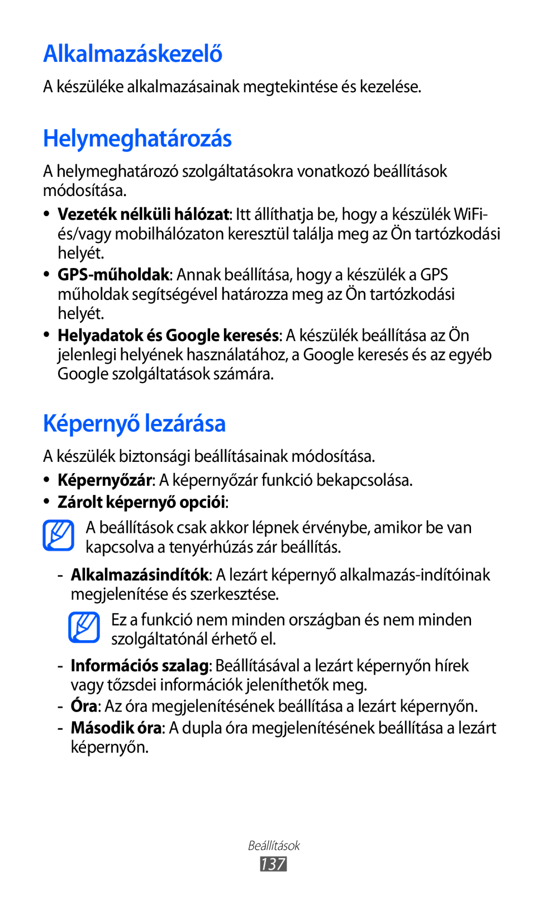 Samsung GT-I9100LKAIDE, GT-I9100LKAITV, GT-I9100LKAATO manual Alkalmazáskezelő, Helymeghatározás, Képernyő lezárása, 137 