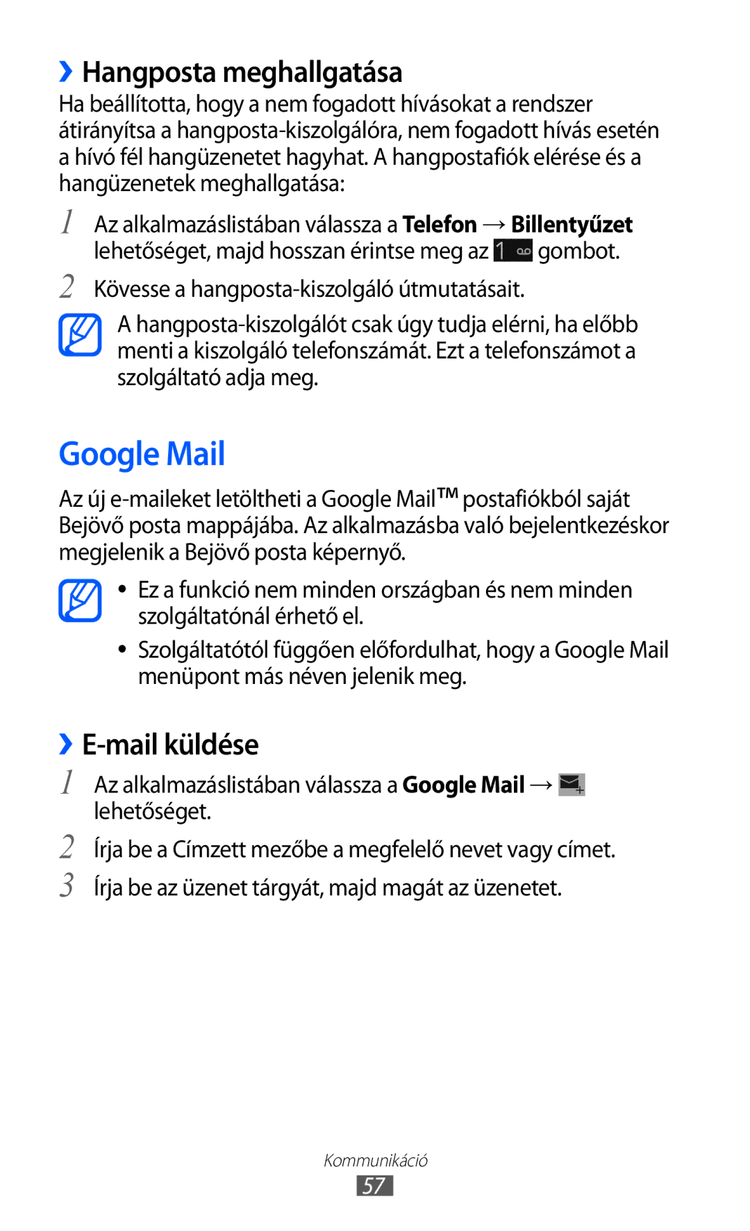 Samsung GT2I9100RWAVDH, GT-I9100LKAITV, GT-I9100LKAIDE manual Google Mail, ››Hangposta meghallgatása, ››E-mail küldése 