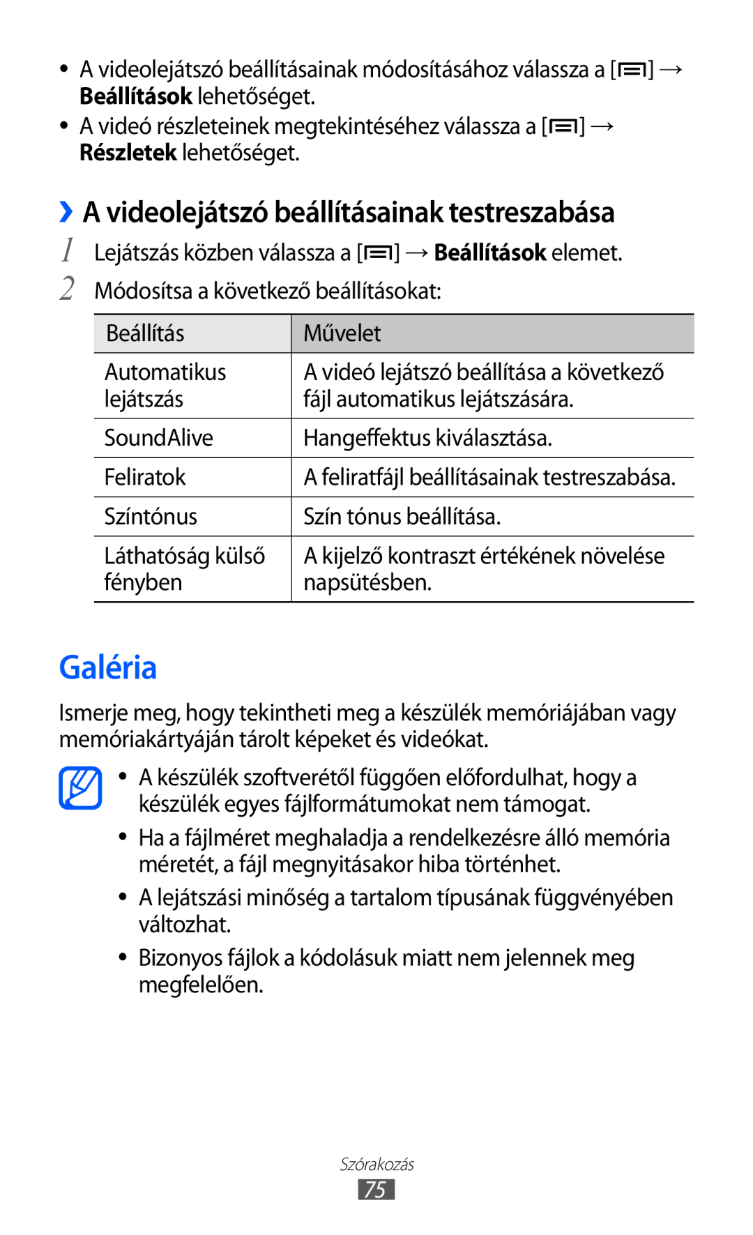 Samsung GT-I9100RWAVD2, GT-I9100LKAITV manual Galéria, ››A videolejátszó beállításainak testreszabása, Fényben Napsütésben 