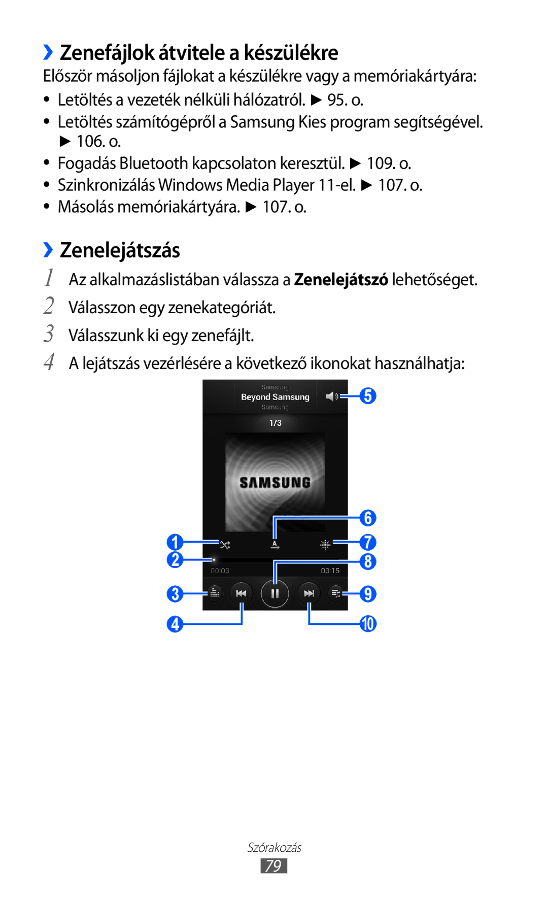 Samsung GT-I9100RWAATO, GT-I9100LKAITV, GT-I9100LKAIDE manual ››Zenefájlok átvitele a készülékre, ››Zenelejátszás, 106. o 