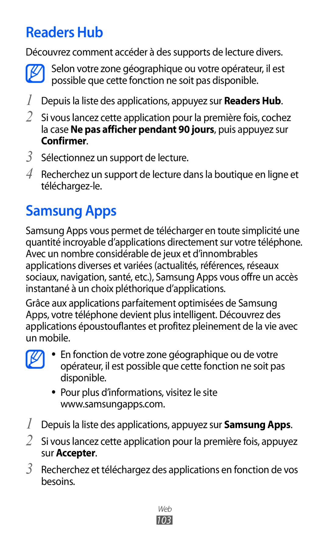 Samsung GT-I9100LAKVGF manual Readers Hub, Samsung Apps, Découvrez comment accéder à des supports de lecture divers, 103 